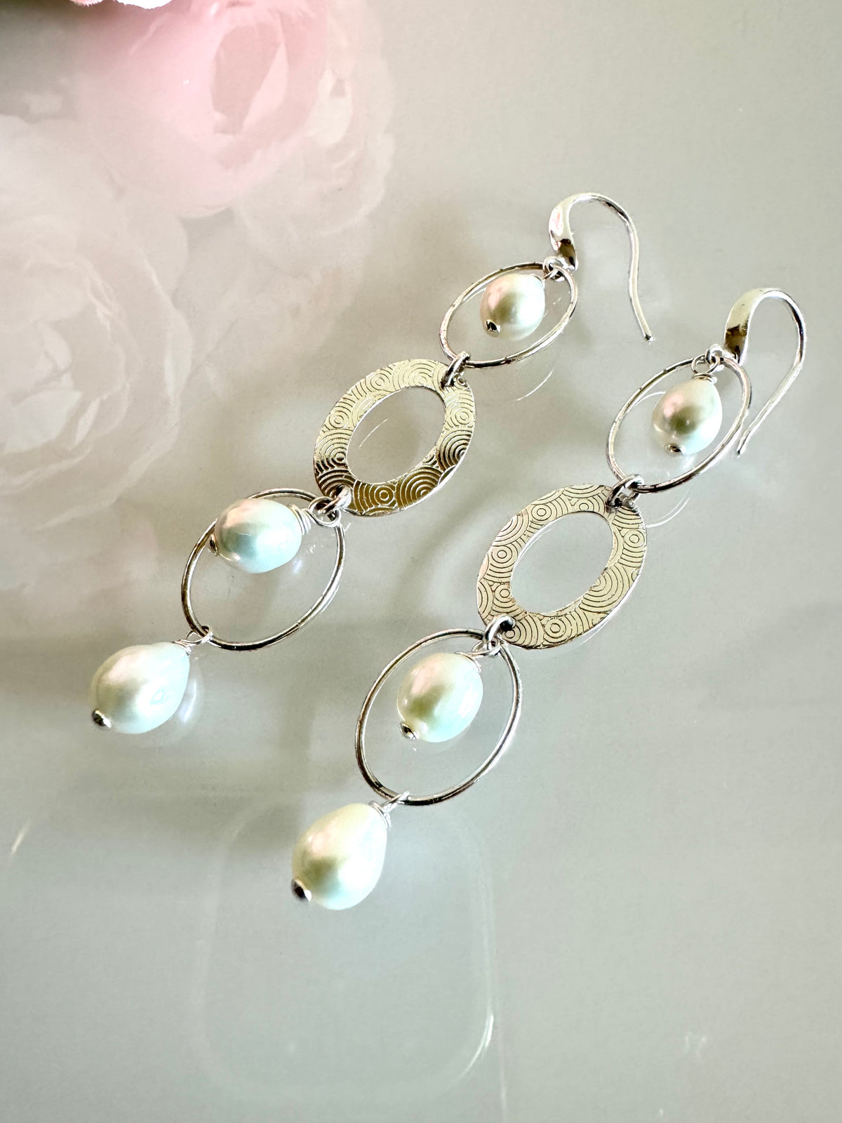Sterling Silver Freshwater Pearl Trilogy Earrings Long Dangle Statement Earrings Handmade in Australia Gift for Her Anniversary Gift