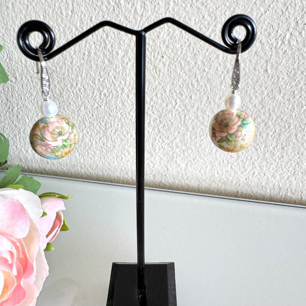 Sterling silver Japanese tensha beads and freshwater pearl earrings