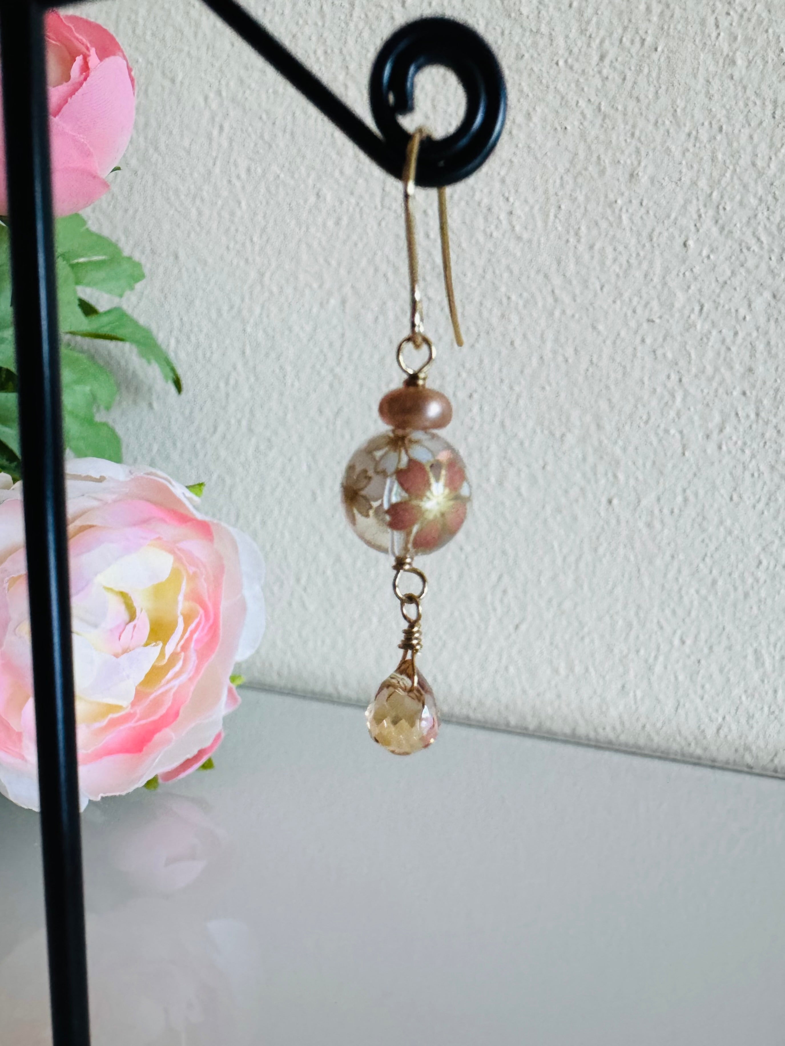 Japanese Tensha Beads and Crystal Earrings with Surgical Gold Stainless Settings