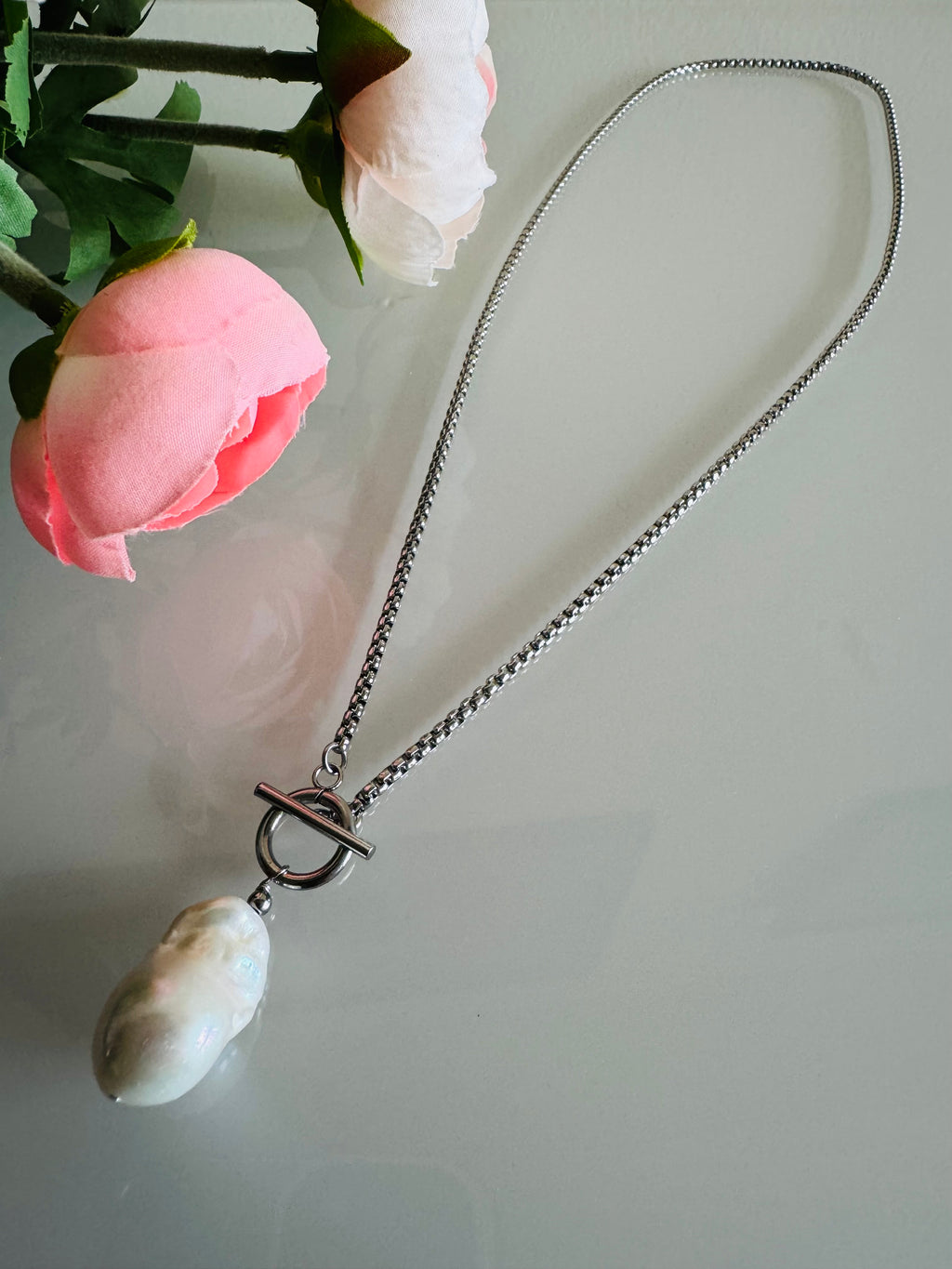 Handmade Freshwater Pearl Dangle Necklace, Surgical Stainless Steel Chain & Toggle, Tarnish Free Waterproof Jewellery, Minimalist