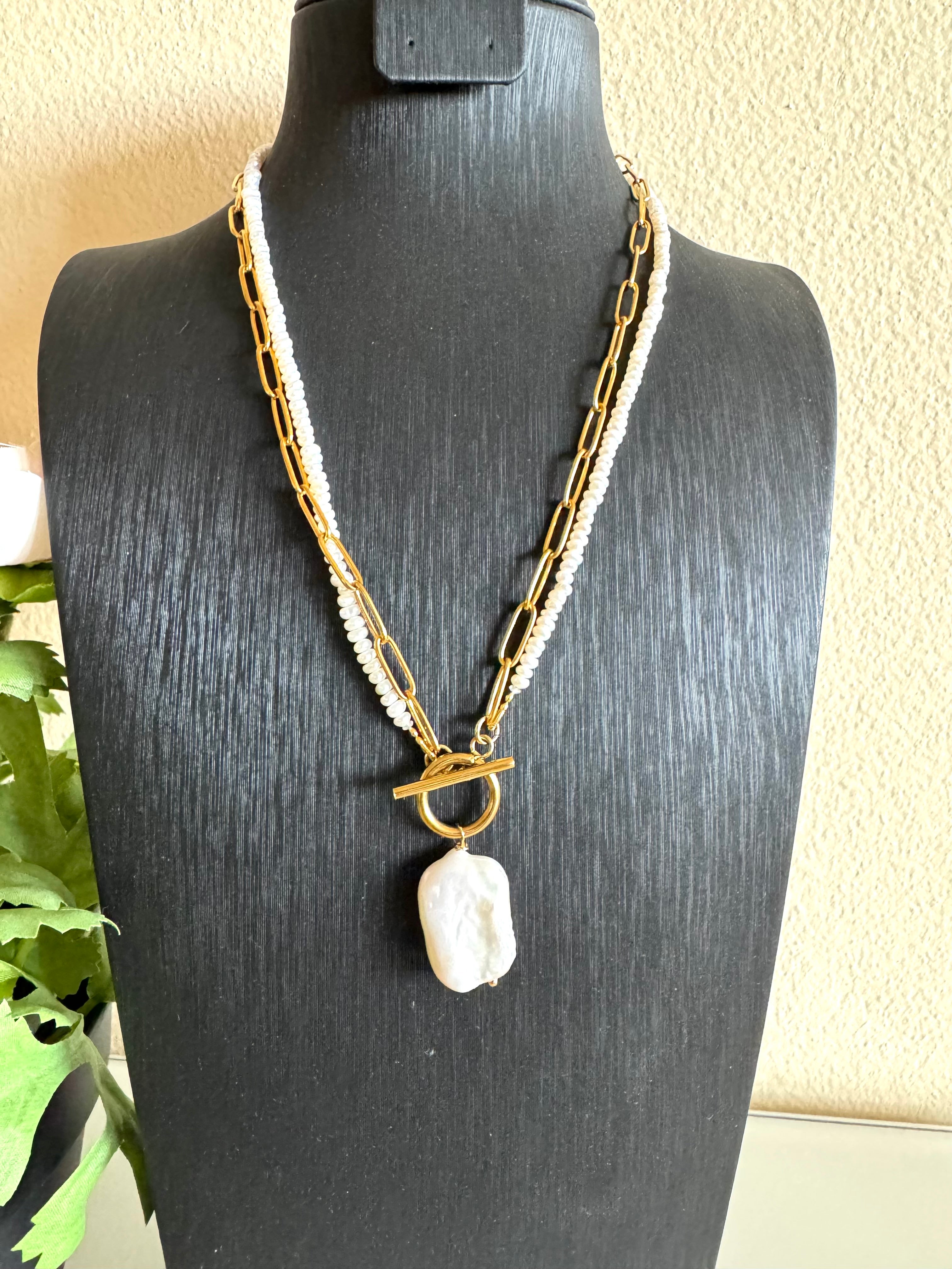 Large Rectangular Baroque Pearl Pendant Necklace, Surgical Stainless Gold Toggle Clasp and Chain, Freshwater Mini Pearls, Handmade Sydney