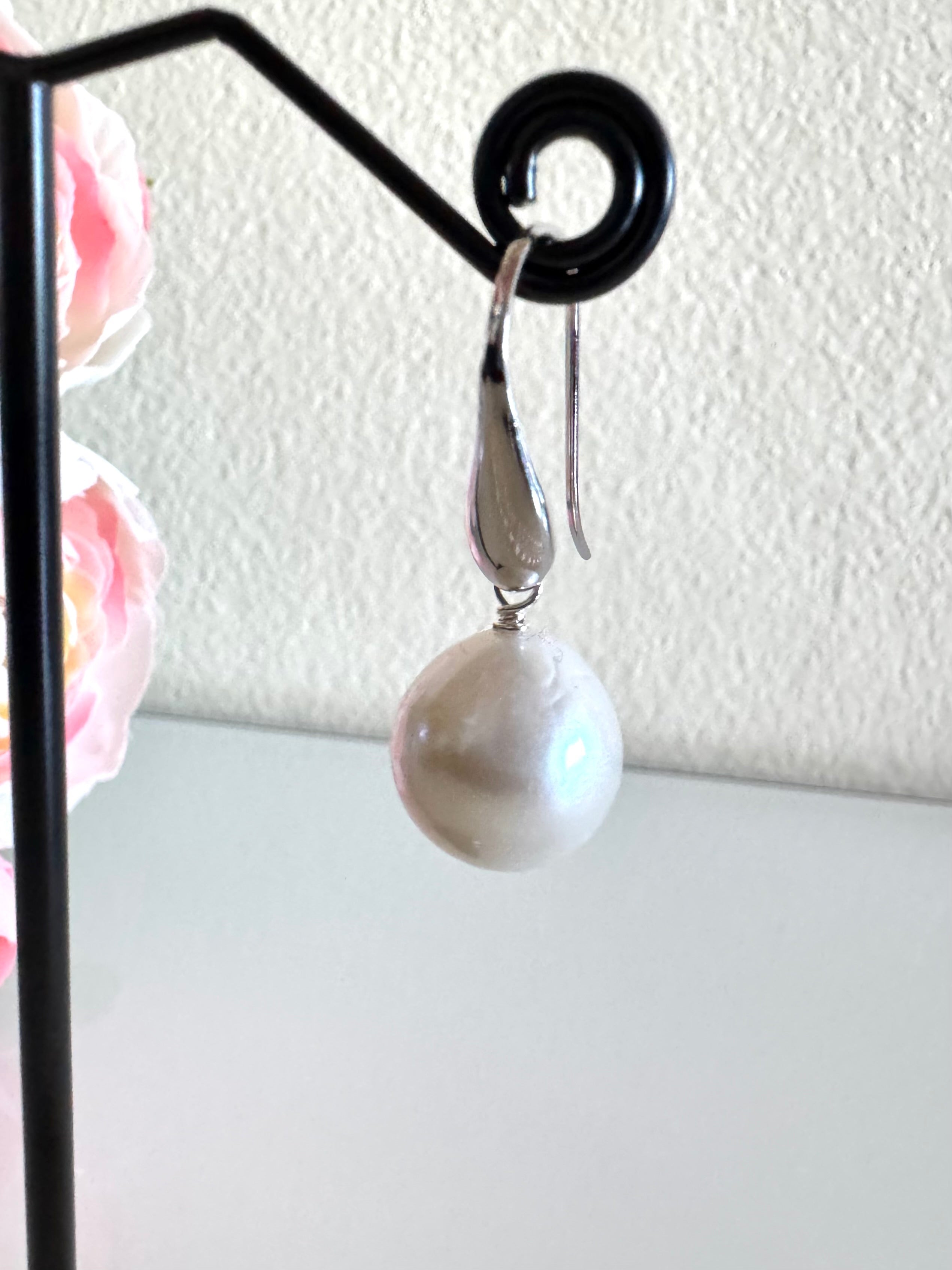 Sterling Silver Semi Round Freshwater Drop Pearl Earrings,Handmade Australia, Gift for Her