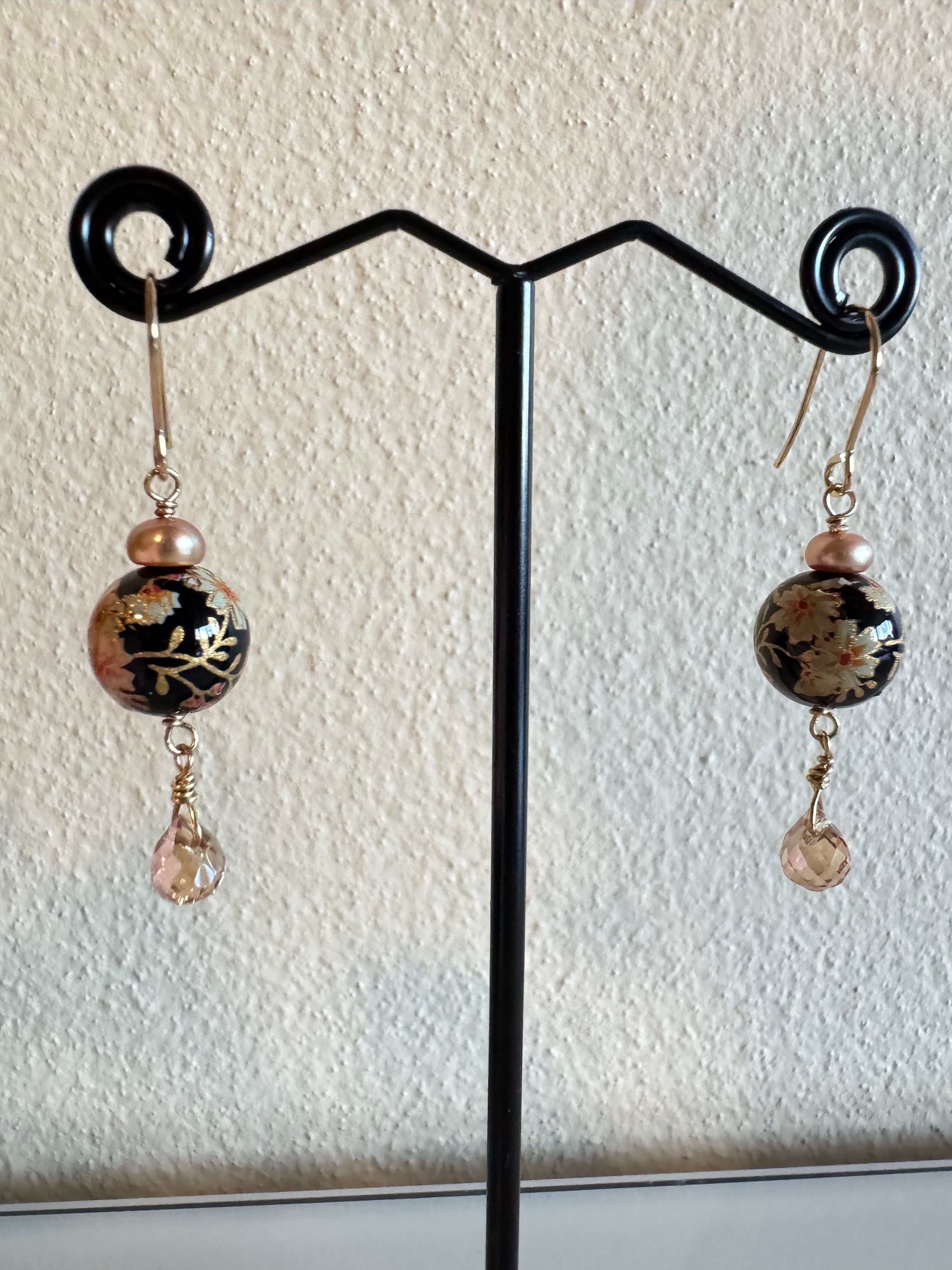 Japanese tensha beads and freshwater pearl earrings with surgical stainless gold hooks (Tarnish free)