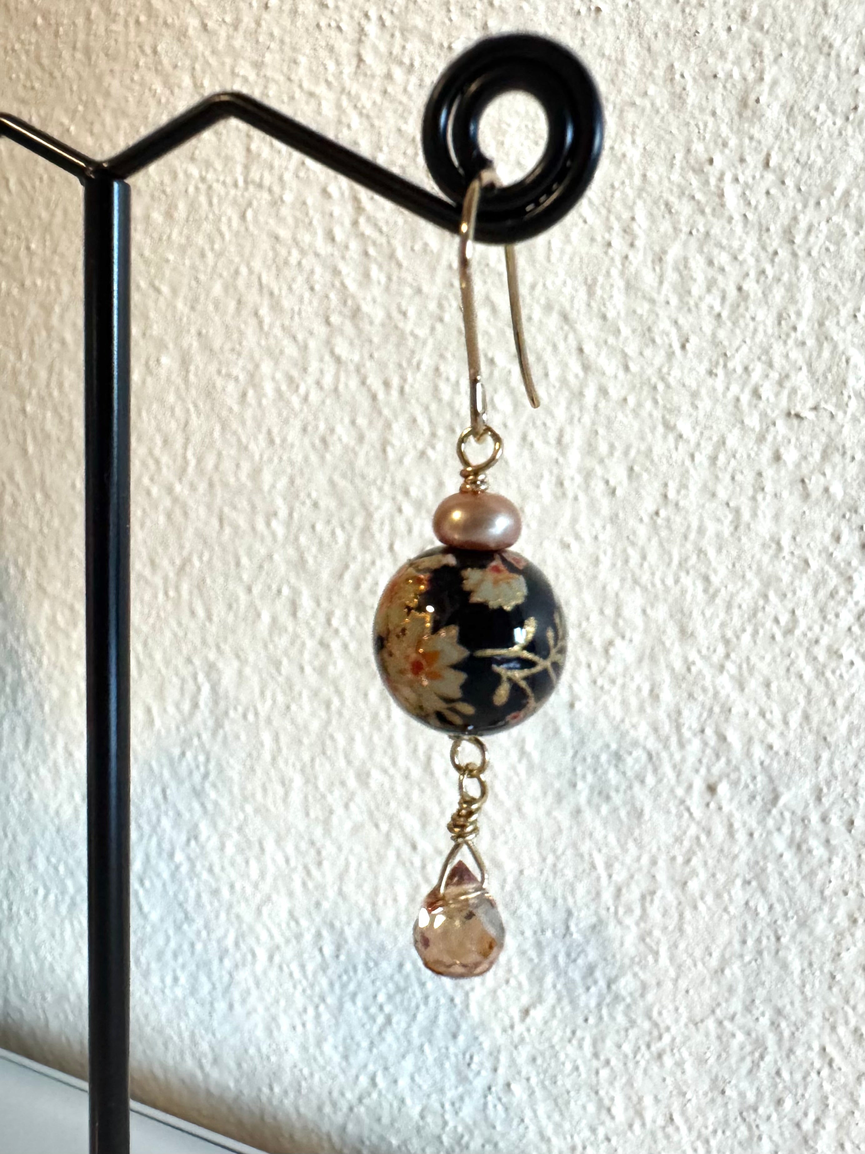 Japanese tensha beads and freshwater pearl earrings with surgical stainless gold hooks (Tarnish free)