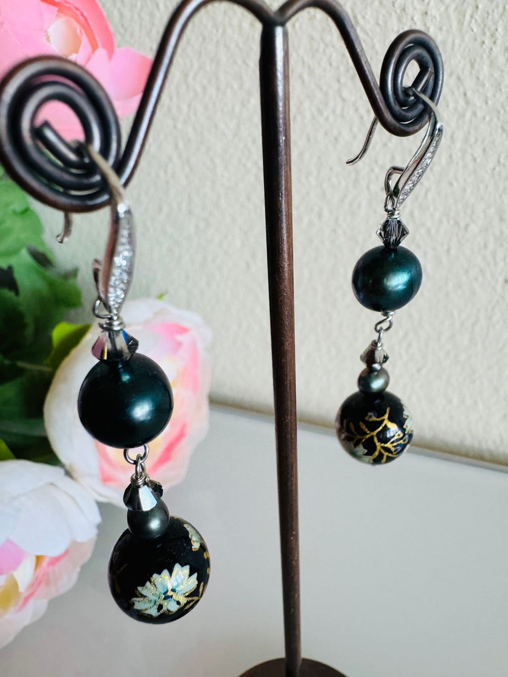 Japanese Tensha Bead Earrings, Sterling Silver Freshwater Black Pearl Dangle Earrings, Swarovski Crystal, Handmade Floral Drop Jewellery