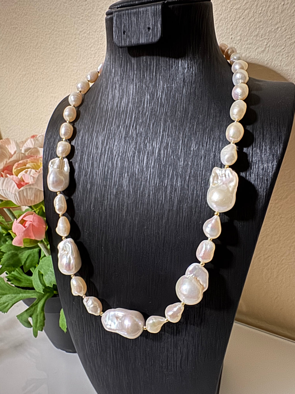 Freshwater baroque pearl golden hematite beads necklace with stainless gold clasps