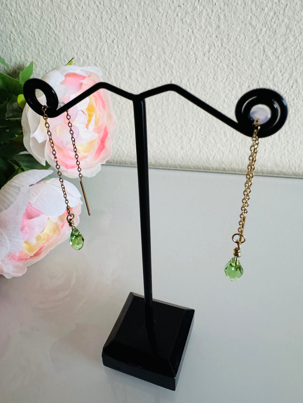 Swarovski Crystal Drop Earrings, Surgical Stainless Gold Dangle Chain Earrings, Handmade Australian Jewellery, Peridot Green Colour