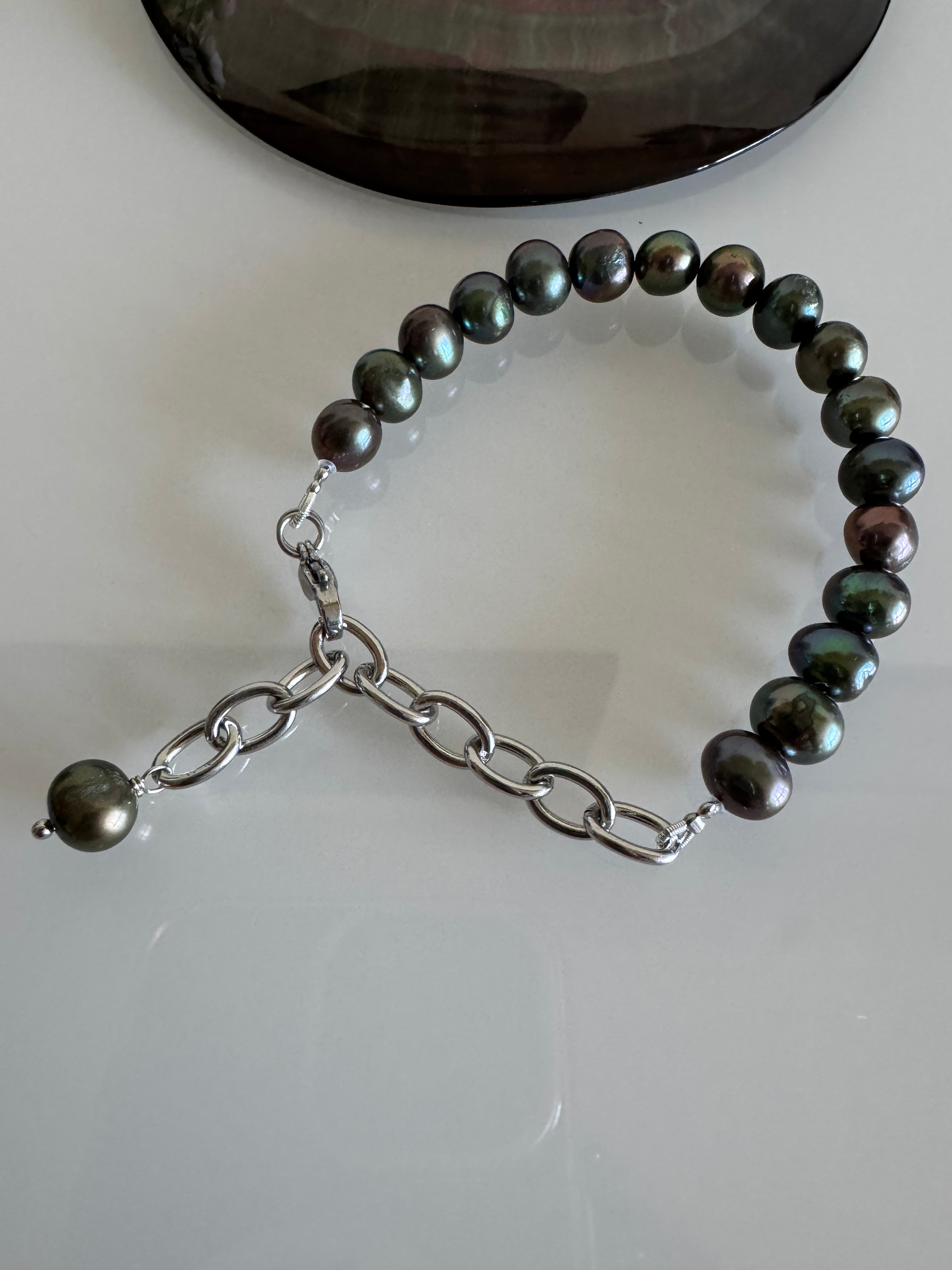 Freshwater Black Pearl Bracelet With Surgical Stainless Chains