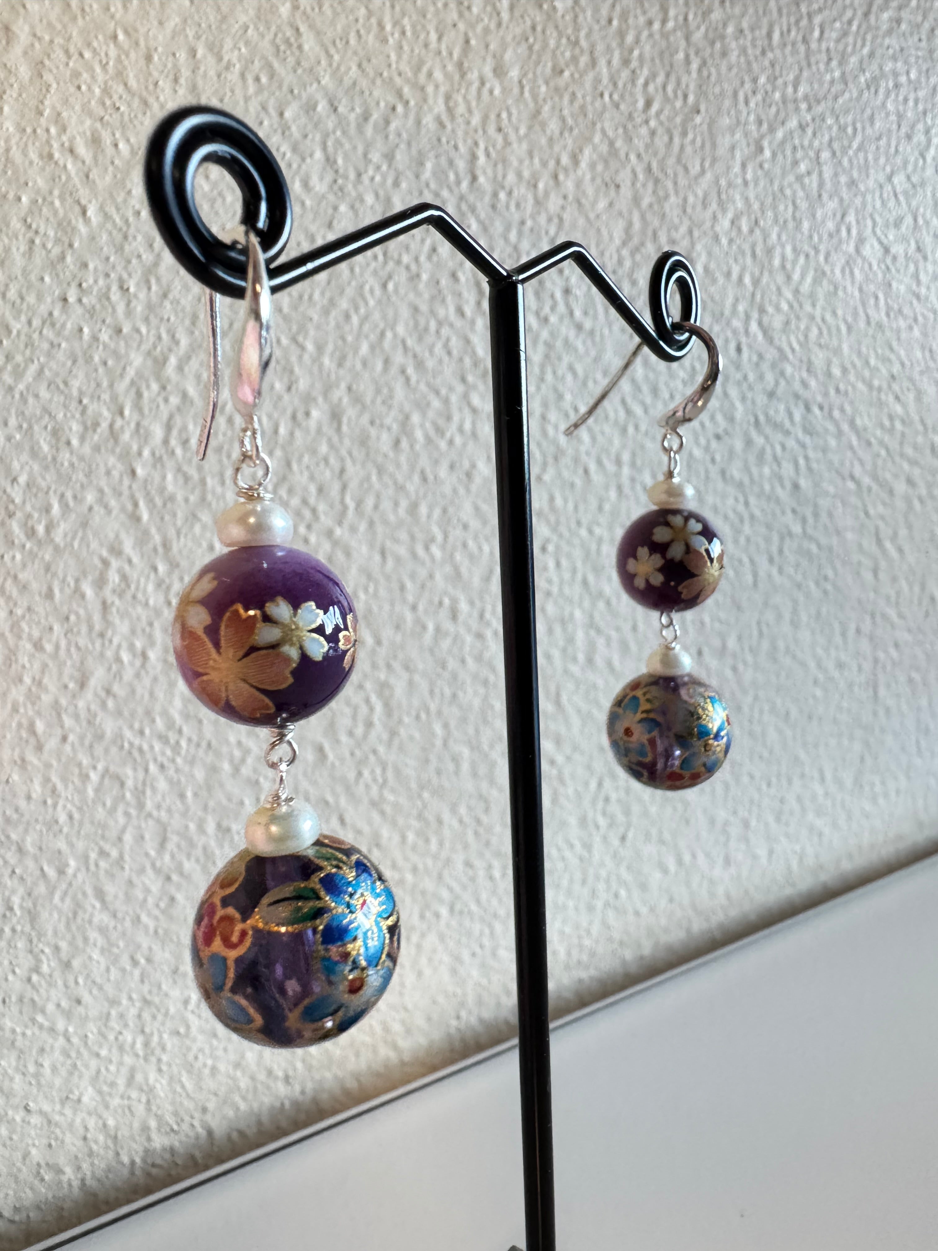 Sterling silver Japanese tensha beads and freshwater pearl earrings