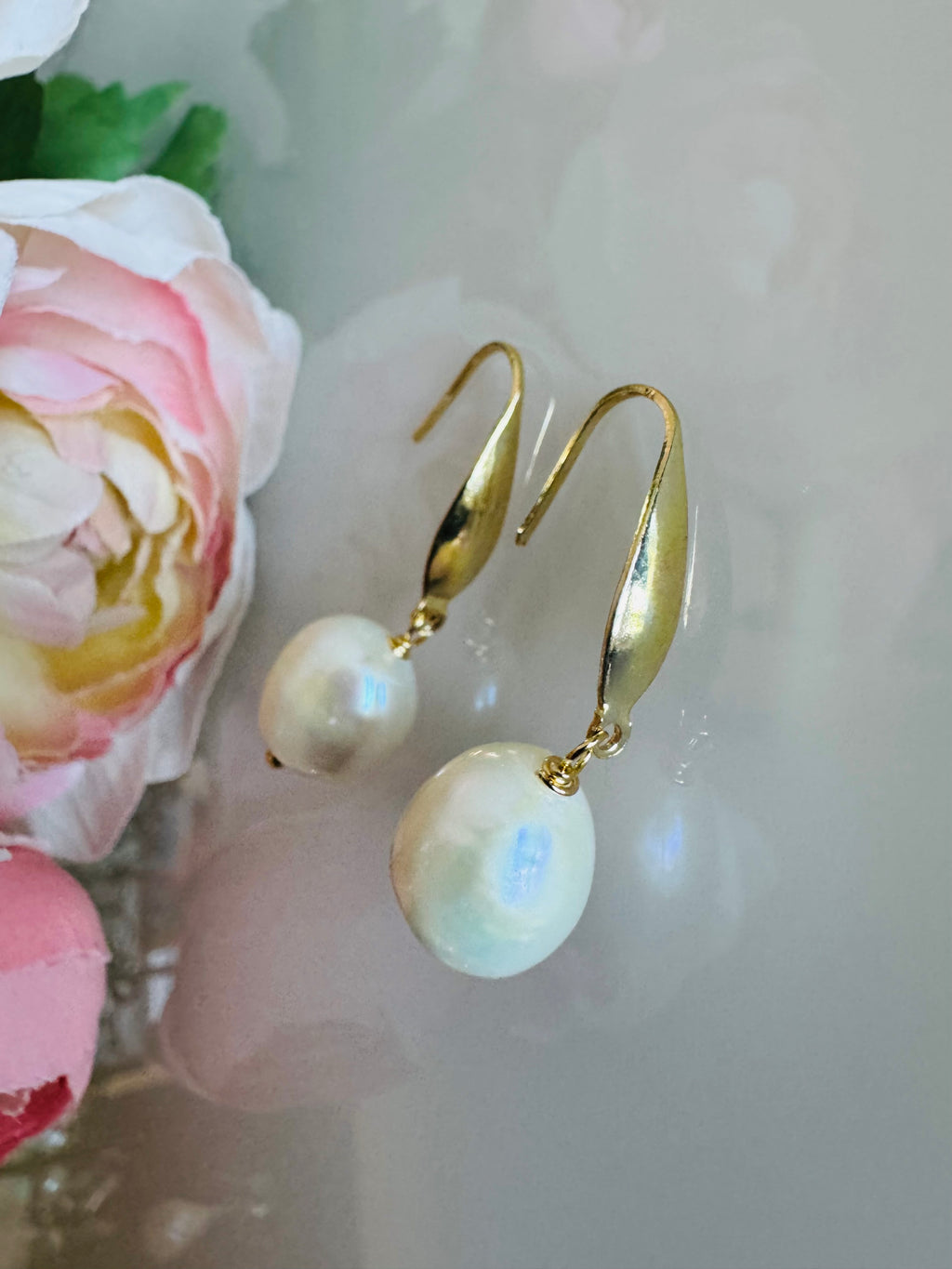 Freshwater Off Round Pearl Drop Earrings, Surgical Stainless Gold Dangle Earrings, Handmade Australian Jewellery, Gift For Her