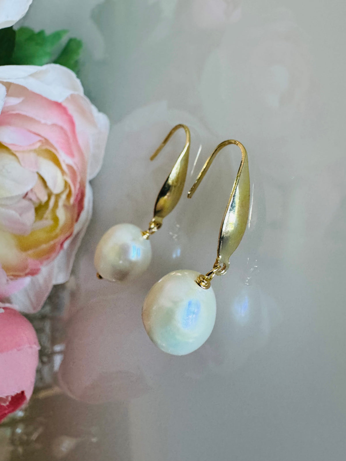 Freshwater Off Round Pearl Drop Earrings, Surgical Stainless Gold Dangle Earrings, Handmade Australian Jewellery, Gift For Her