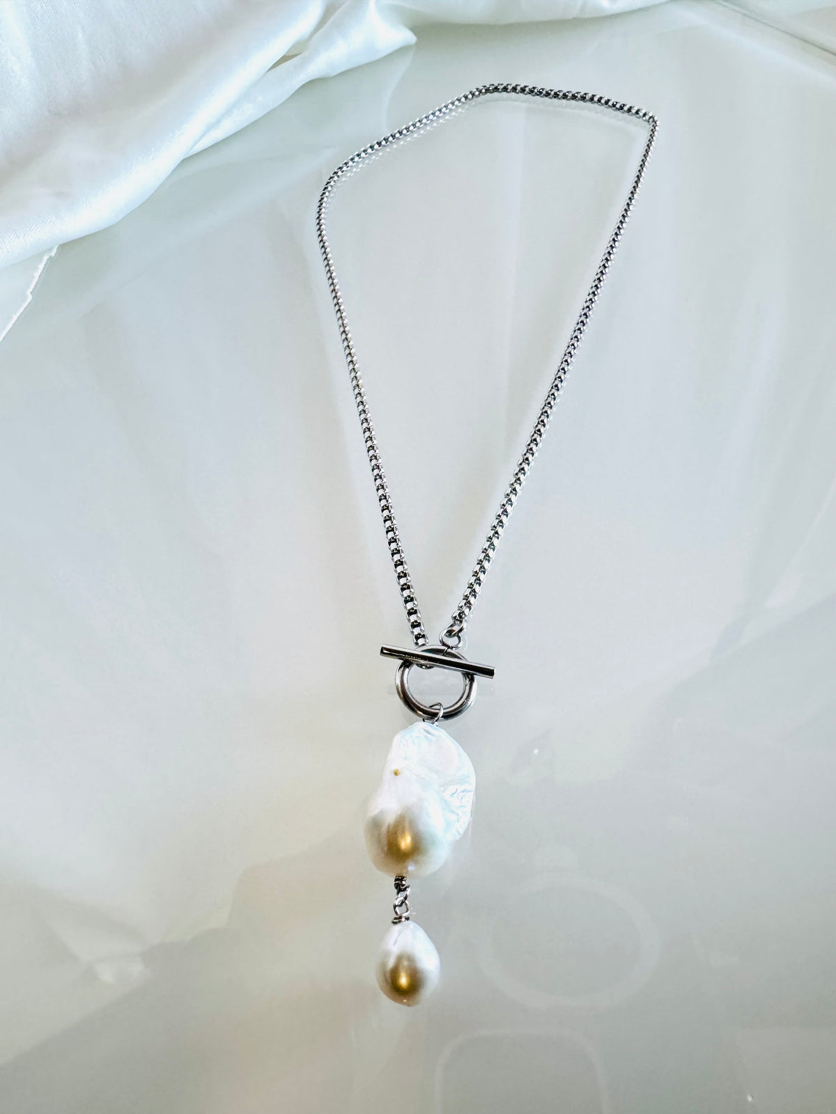 Handmade Baroque Pearl Toggle Necklace, Surgical Stainless Steel Chain, Minimalist Jewelry