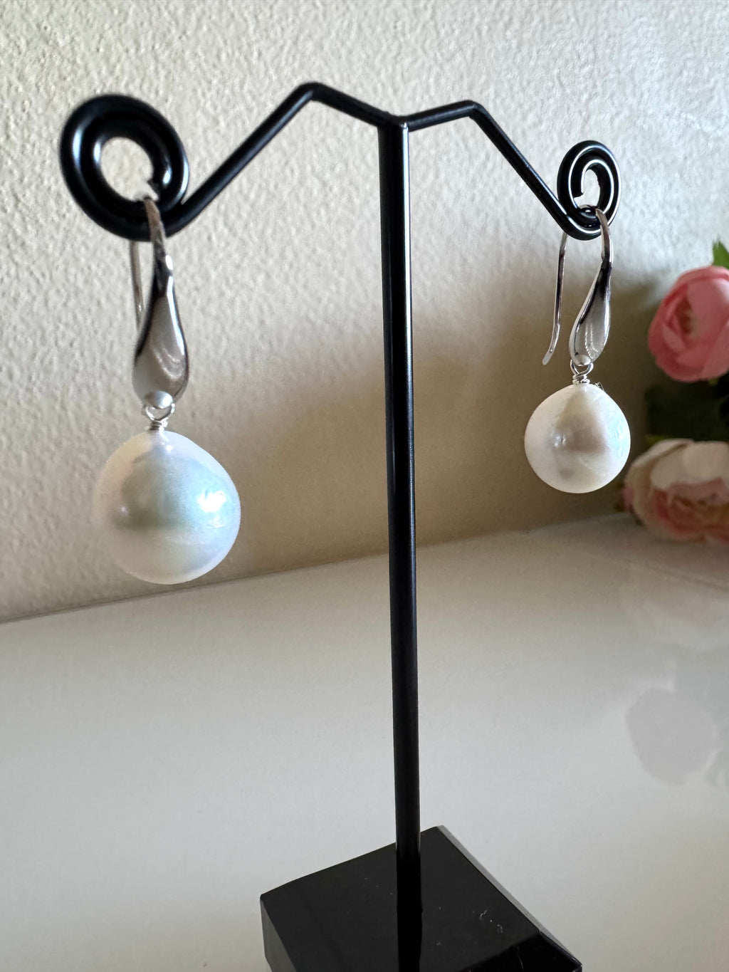 Sterling Silver Semi Round Freshwater Drop Pearl Earrings,Handmade Australia, Gift for Her