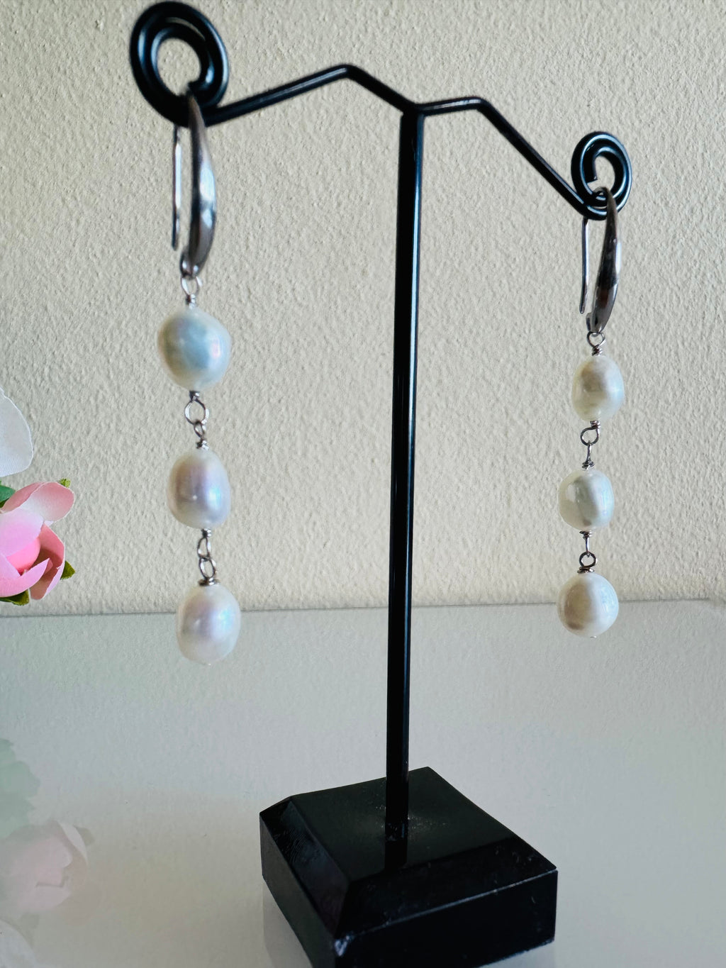 Freshwater Off Round White Pearl Trilogy Earrings with Surgical Stainless Settings, Tarnish Fee, Waterproof, Handmade Australia, Gift for Her