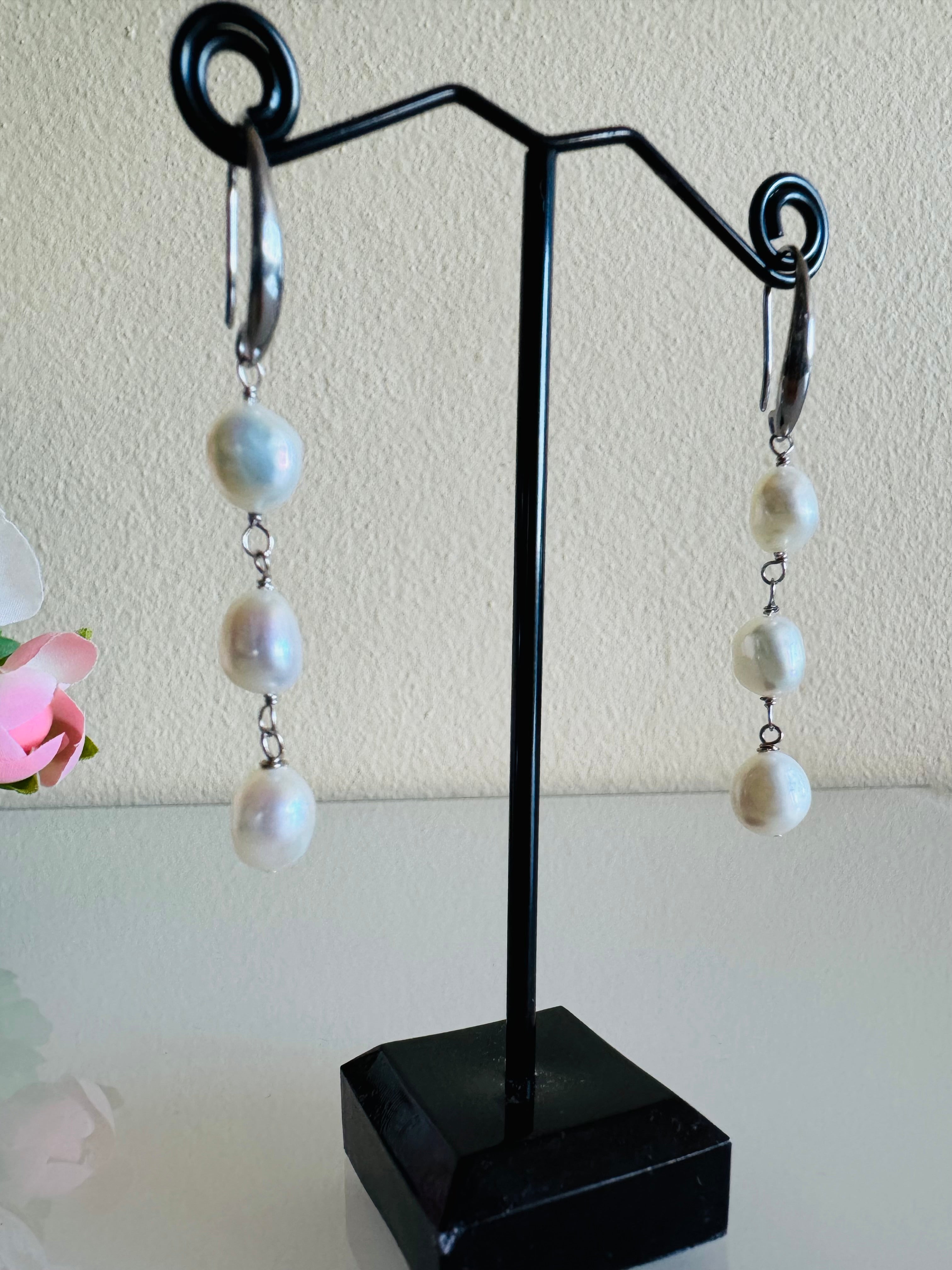 Freshwater Off Round White Pearl Trilogy Earrings with Surgical Stainless Settings, Tarnish Fee, Waterproof, Handmade Australia, Gift for Her