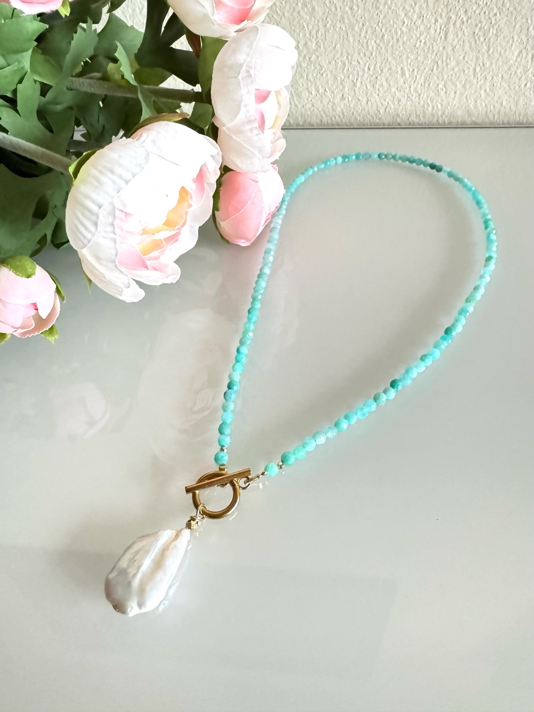 Amazonite and freshwater pearl necklace with stainless gold clasps