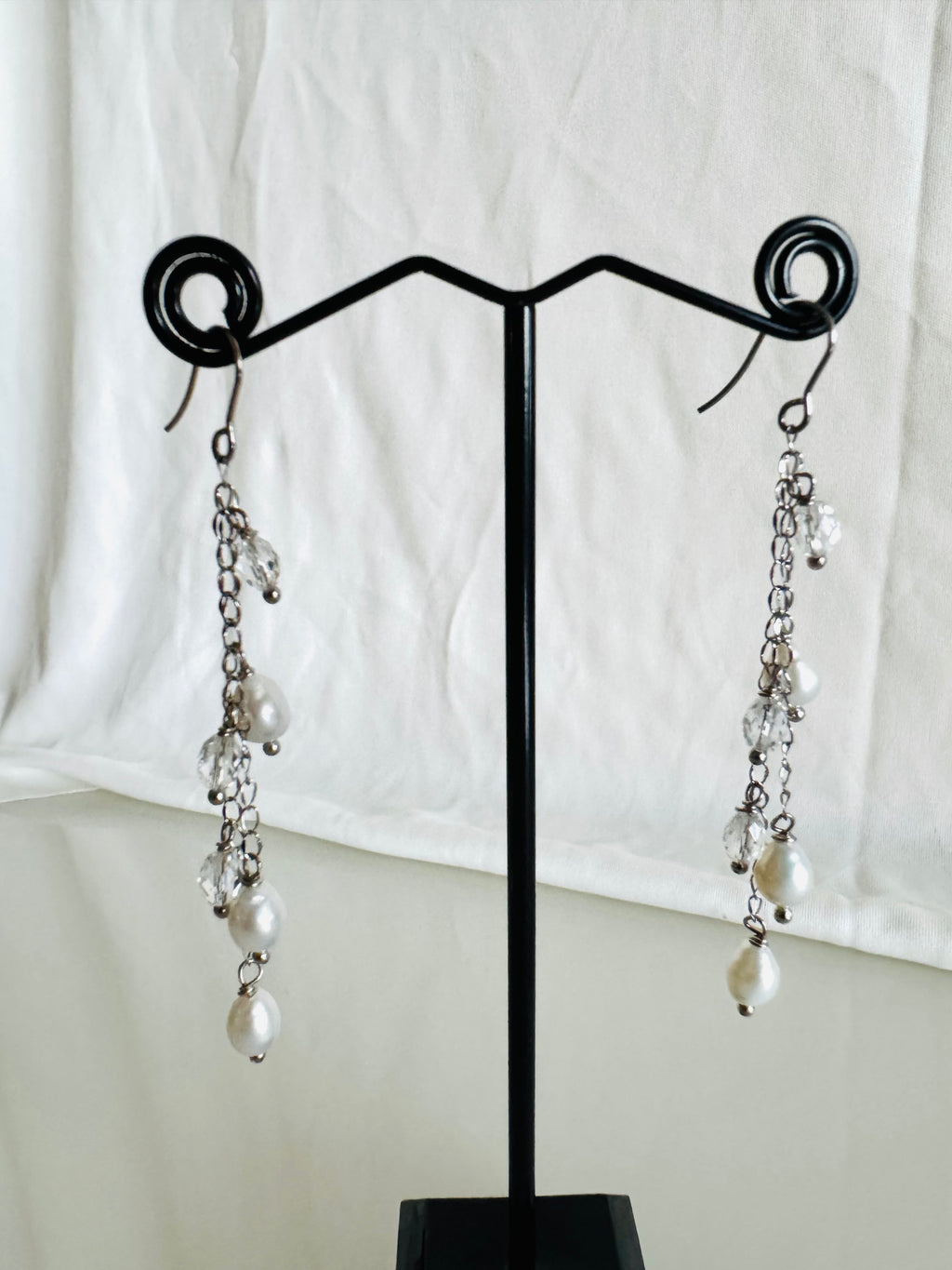 Handcrafted Teardrop Freshwater Pearl & Swarovski Crystal Earrings – Elegant Long Drop Jewelry