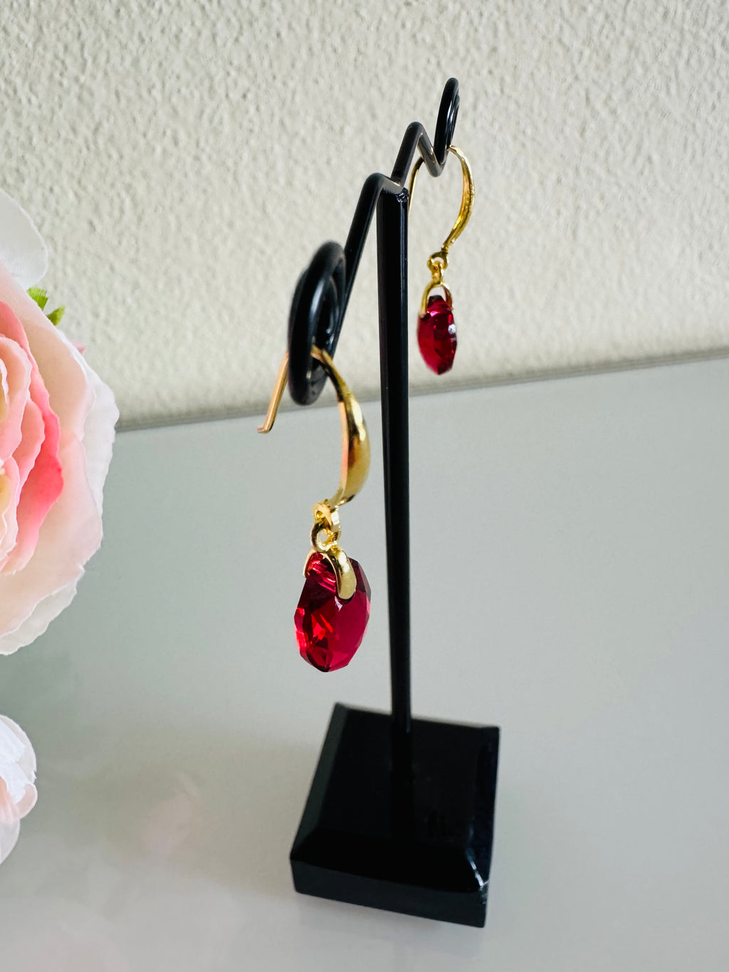 Swarovski Crystal Drop Earrings, Sterling Silver Gold Dangle Earrings, Handmade Australian Jewellery, Red Crystal Earrings, Gift for Her