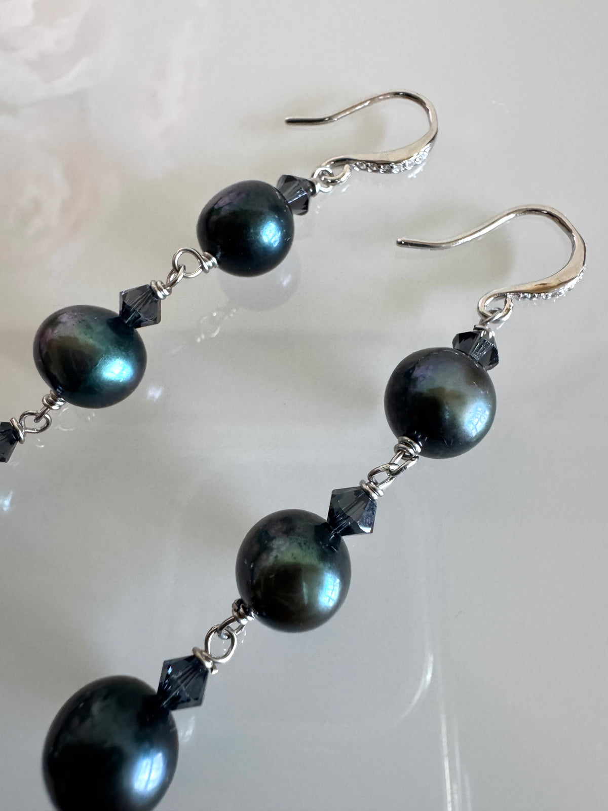 Black Freshwater Off Round Pearl Drop Trilogy Earrings With 925 Silver Hooks, Swarovski Crystals, Dangle Earrings, Anniversary Gift,