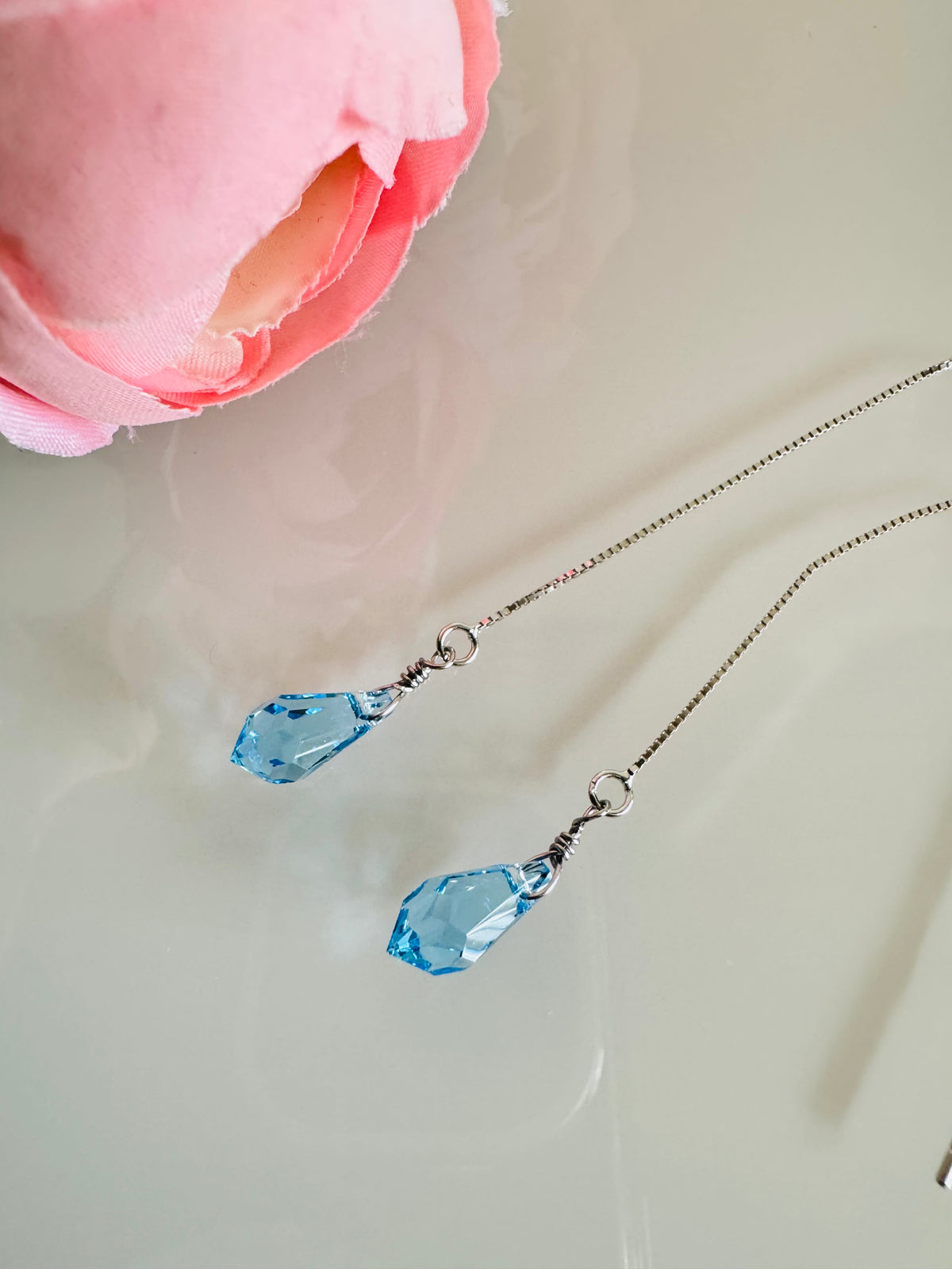 Swarovski Crystal Drop Earrings, Sterling Silver Aqua Blue Dangle Chain Earrings, Handmade Australian Jewellery, Rodium Plated Silver