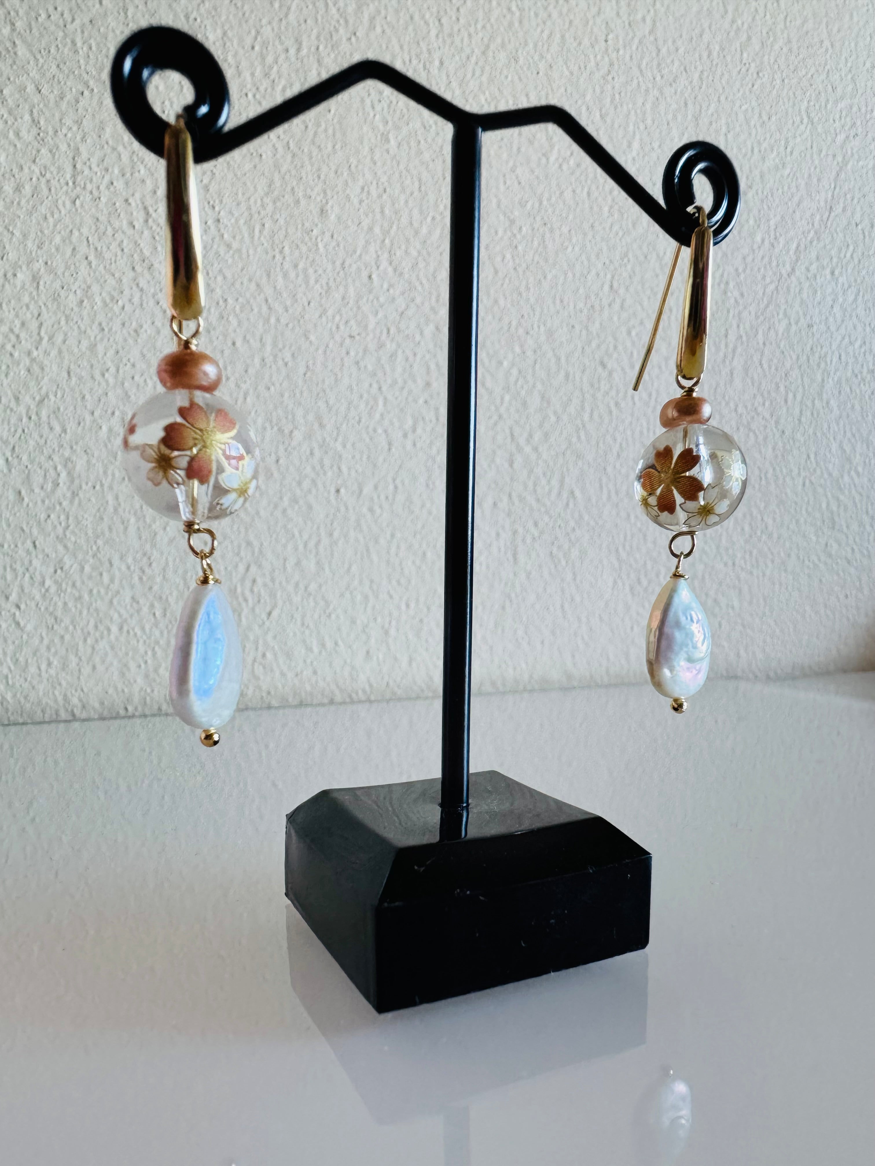 Japanese Tensha Beads Freshwater White Drop and Golden Pearls with Surgical Stainless Gold Hook Earrings