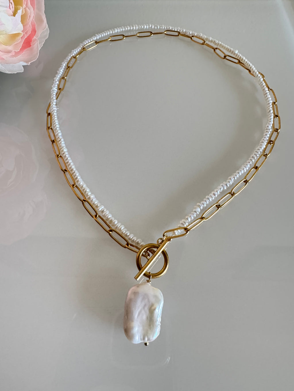 Large Rectangular Baroque Pearl Pendant Necklace, Surgical Stainless Gold Toggle Clasp and Chain, Freshwater Mini Pearls, Handmade Sydney