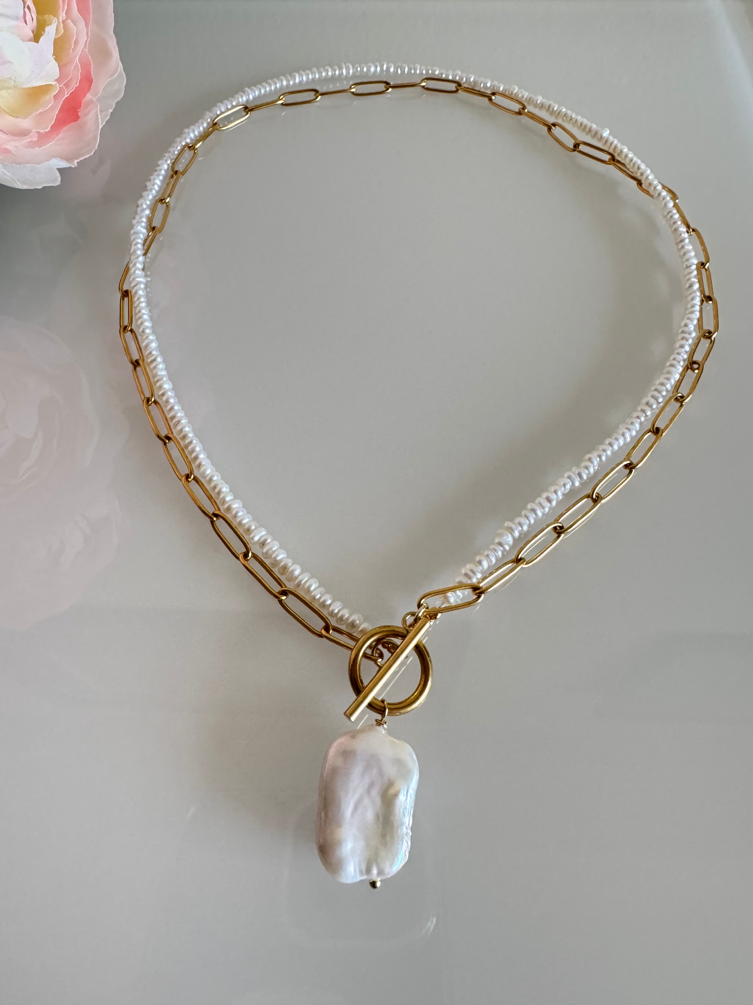 Large Rectangular Baroque Pearl Pendant Necklace, Surgical Stainless Gold Toggle Clasp and Chain, Freshwater Mini Pearls, Handmade Sydney