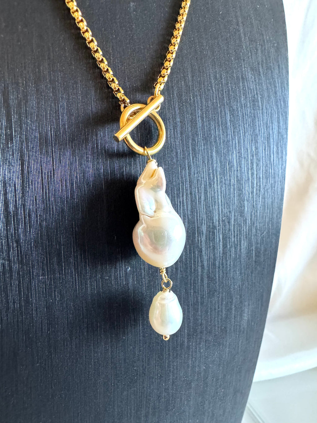 Handmade Baroque Pearl Toggle Necklace, Surgical Stainless Steel Chain, Minimalist Jewellery