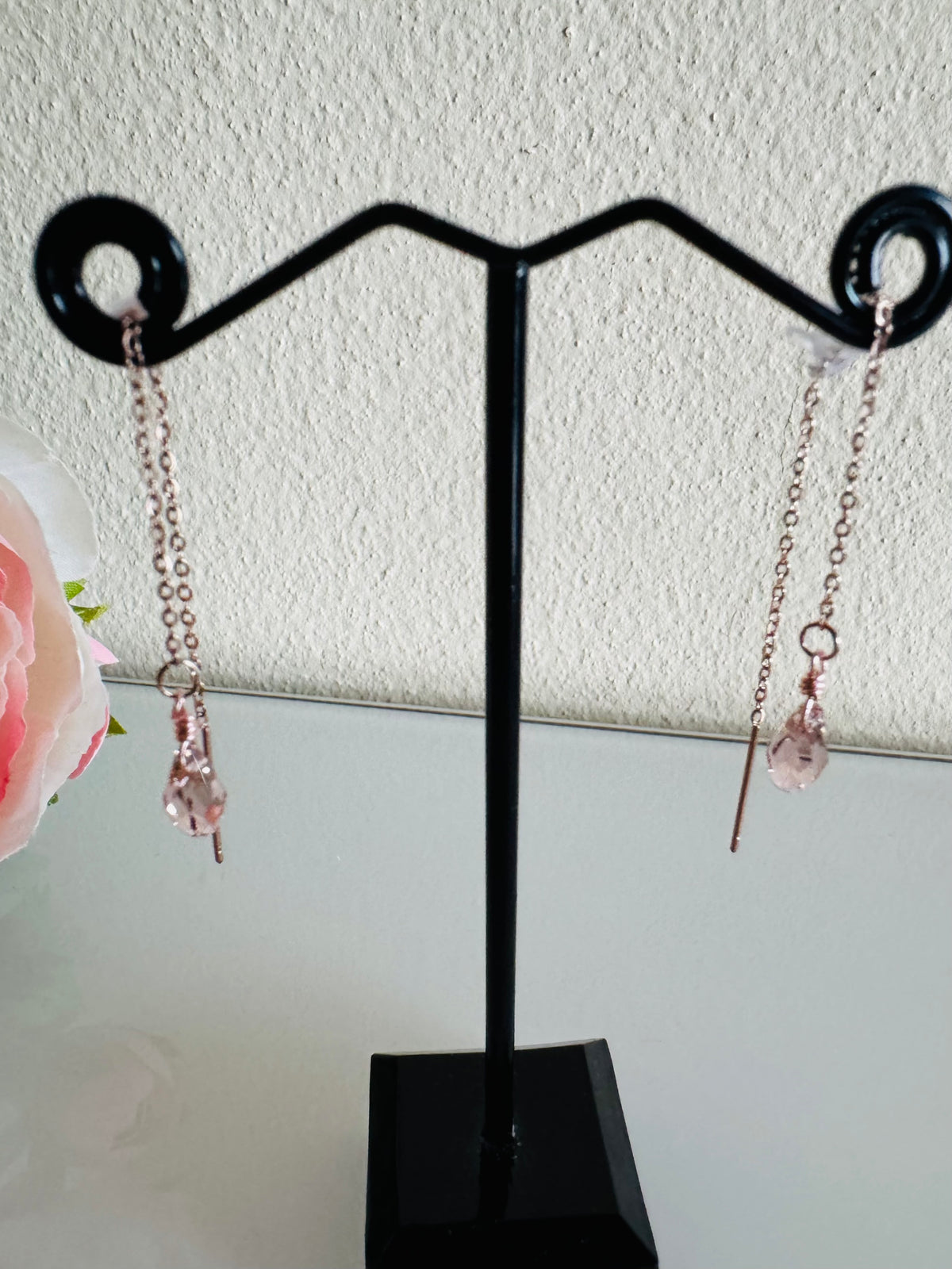 Swarovski Crystal Drop Earrings, Surgical Stainless Rose Gold Dangle Chain Earrings, Handmade Australian Jewellery, Rosegold pink Colour