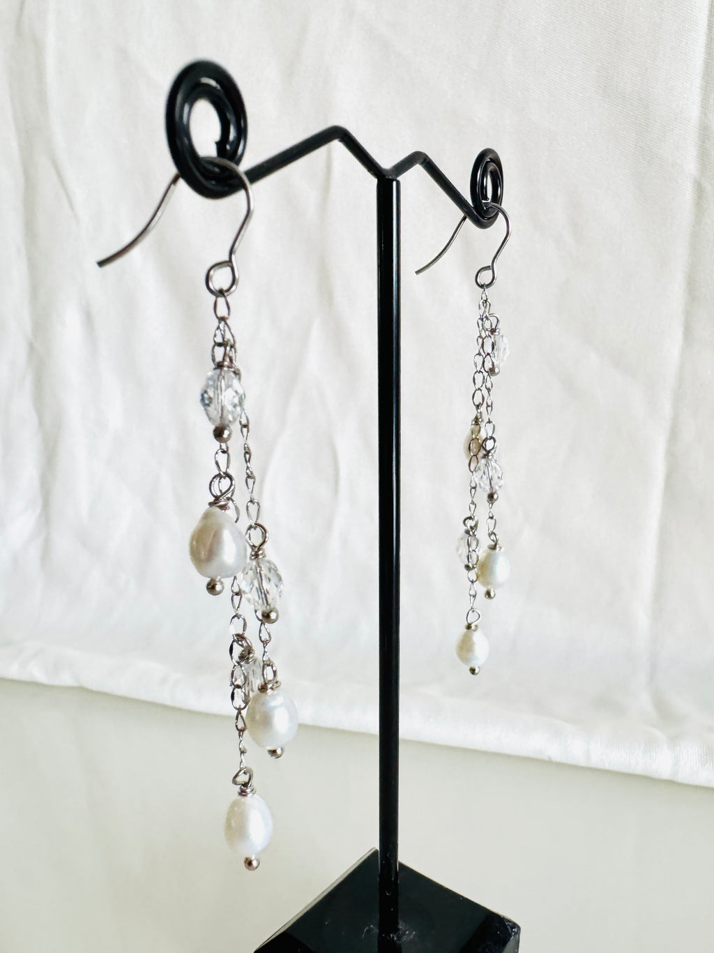 Handcrafted Teardrop Freshwater Pearl & Swarovski Crystal Earrings – Elegant Long Drop Jewelry