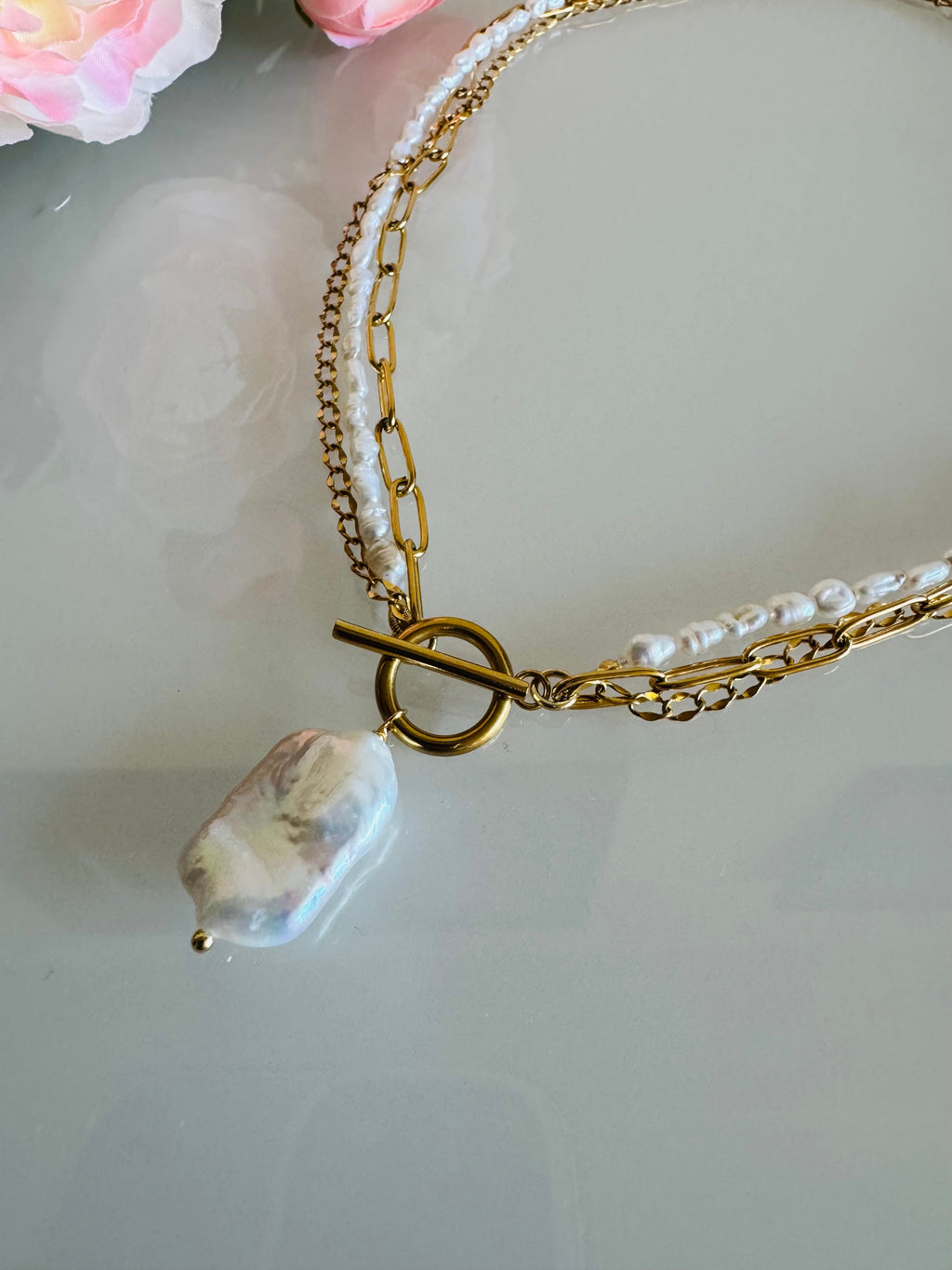 Large Flat Baroque Pearl Pendant with Surgical Stainless Chains, Genuine Natural pearl Necklace, Tarnish Free, Handcrafted in Australia