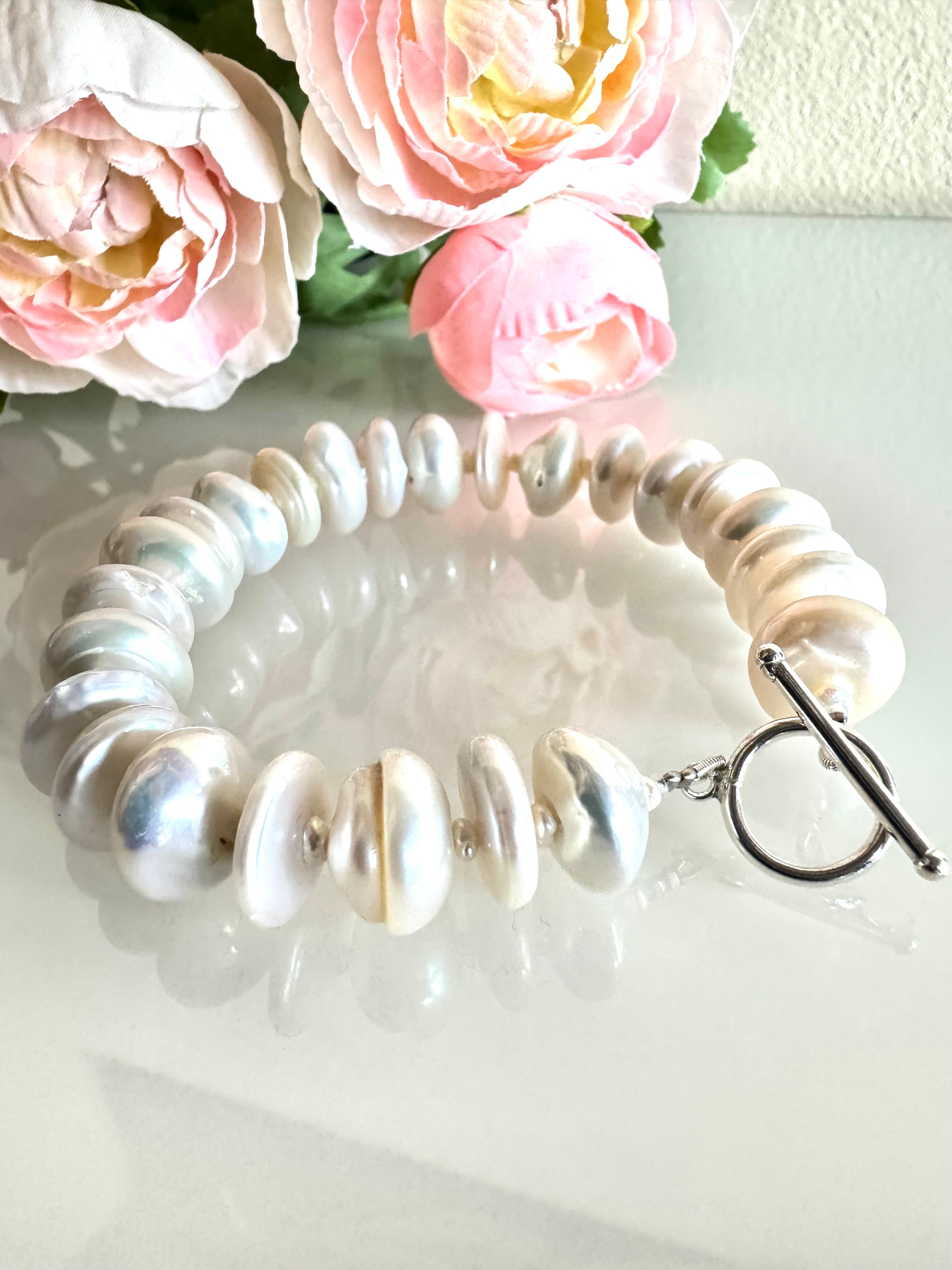 Sterling silver freshwater coin shape pearl bracelet