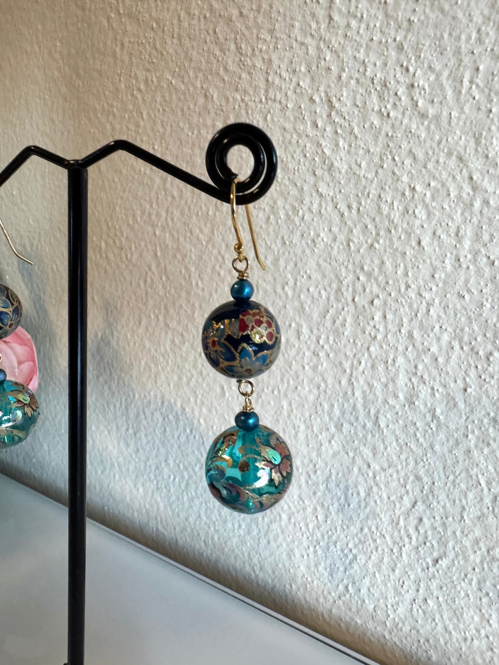 Japanese tensha beads and freshwater pearl earrings with sterling silver gold plated settings