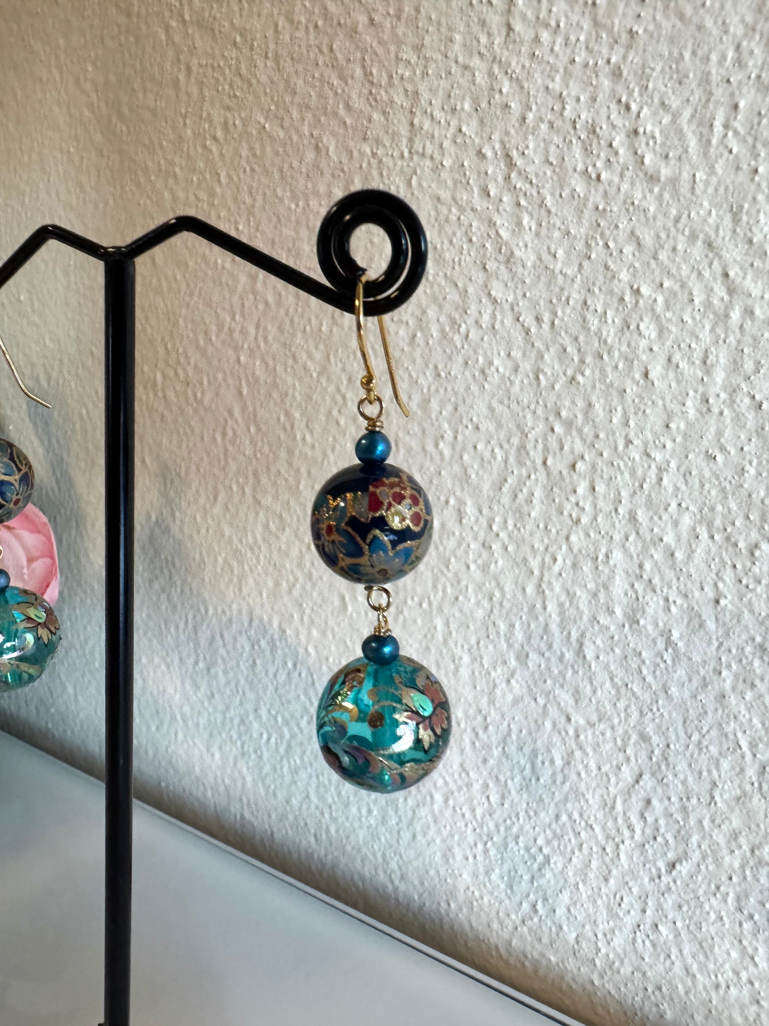 Japanese tensha beads and freshwater pearl earrings with sterling silver gold plated settings