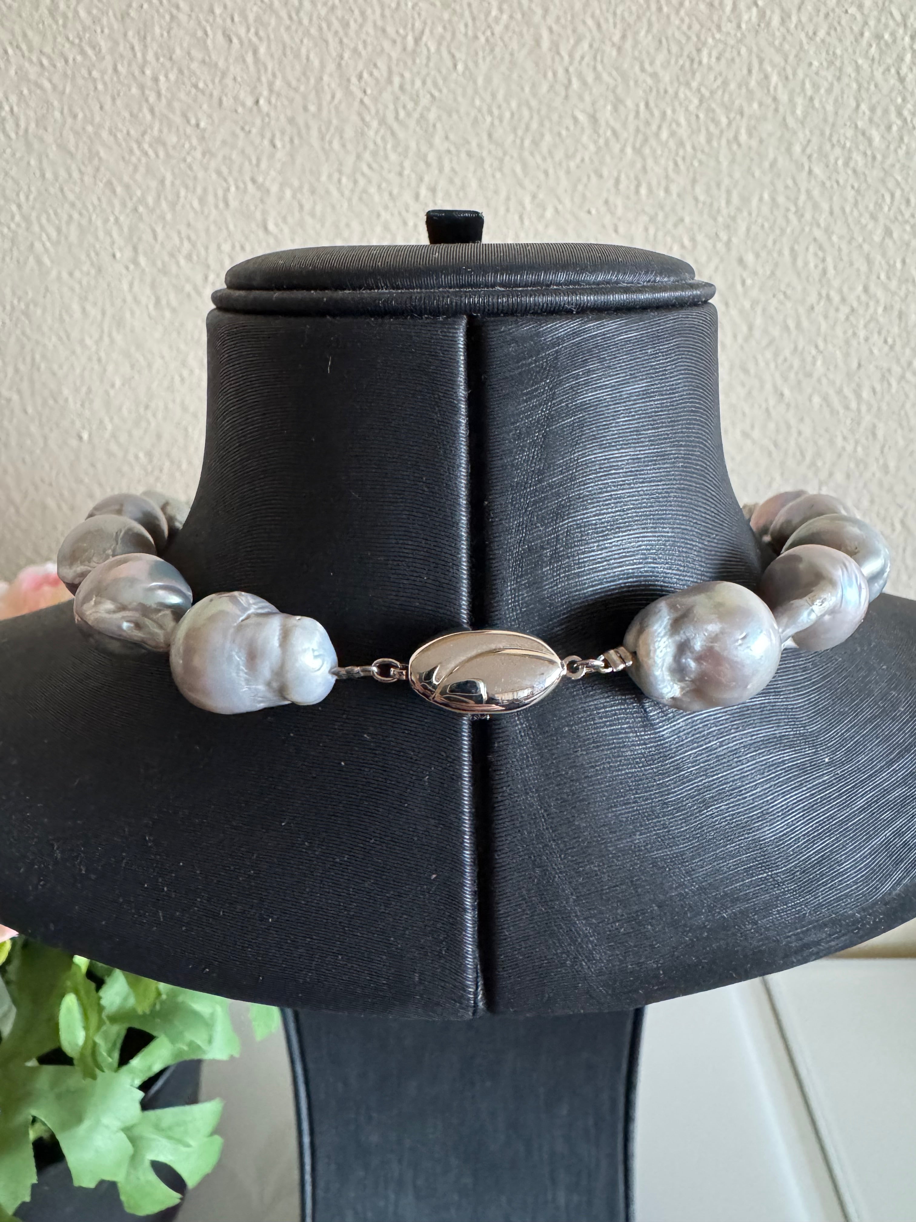 Large Grey Colour Baroque Pearl Necklace, 925 Sterling Silver Puch Clasp, Genuine Pearl Jewelry, Handcrafted in Australia, Exclusive Gift