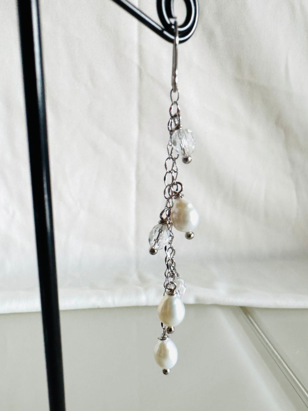Handcrafted Teardrop Freshwater Pearl & Swarovski Crystal Earrings – Elegant Long Drop Jewelry