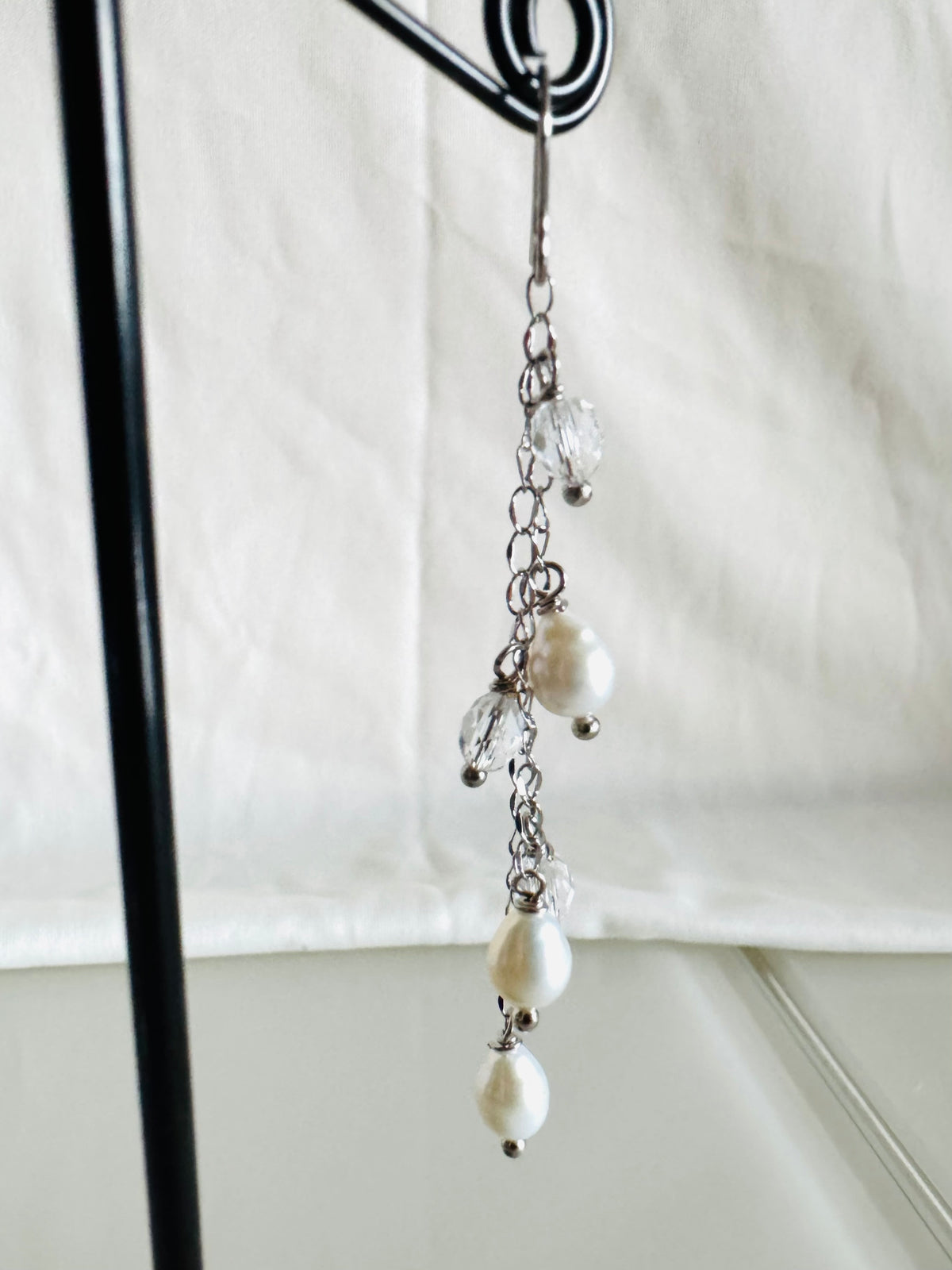 Handcrafted Teardrop Freshwater Pearl & Swarovski Crystal Earrings – Elegant Long Drop Jewelry