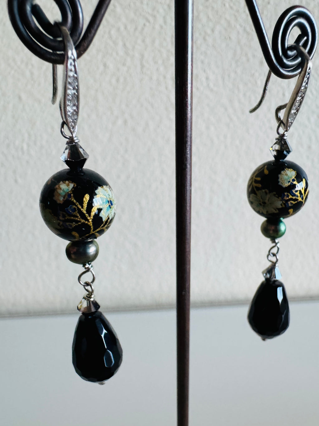 Japanese Tensha Bead & Onyx Earrings, Sterling Silver Freshwater Black Pearl Dangle Earrings, Swarovski Crystal, Handmade Australia