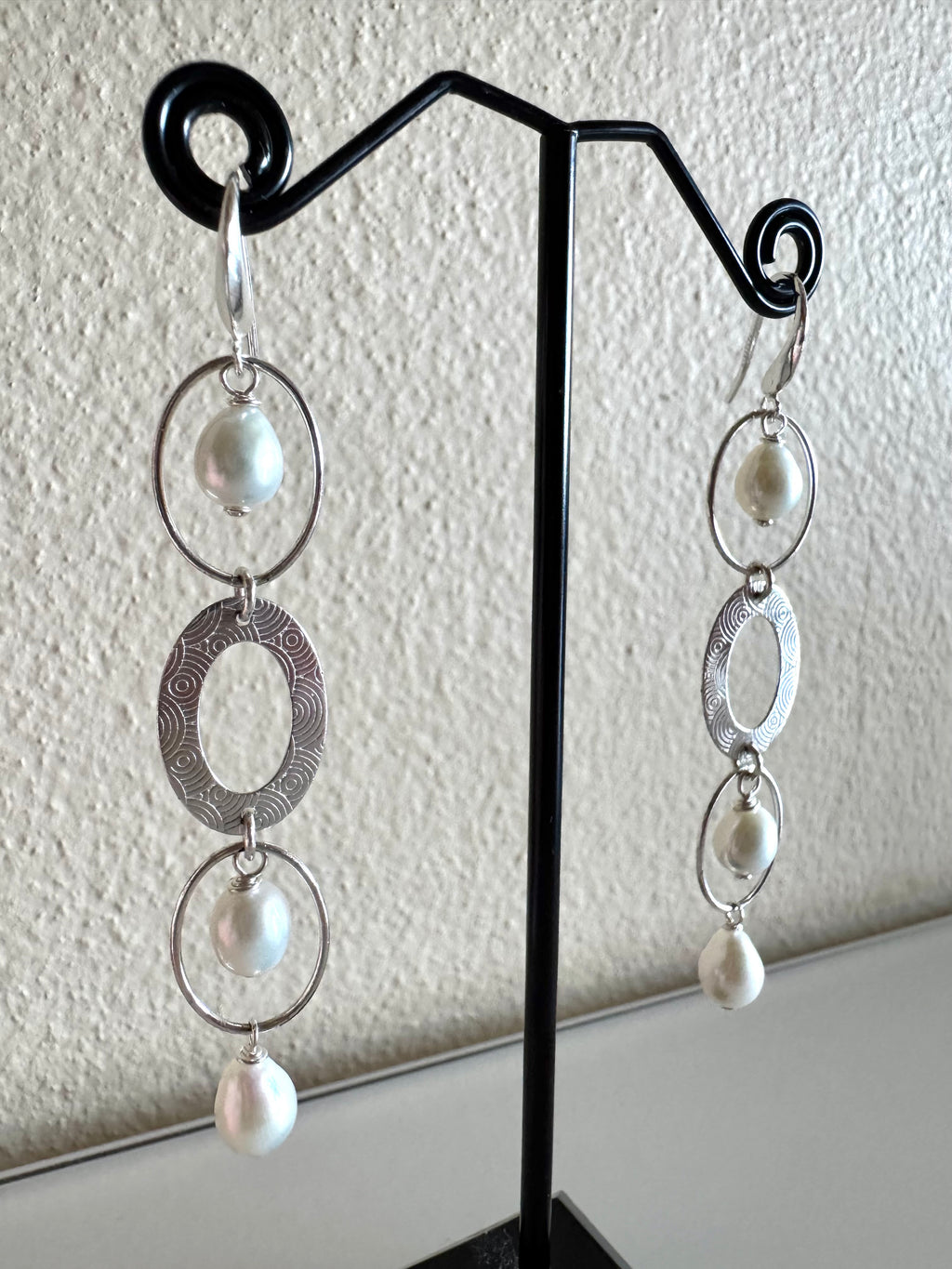 Sterling Silver Freshwater Pearl Trilogy Earrings Long Dangle Statement Earrings Handmade in Australia Gift for Her Anniversary Gift