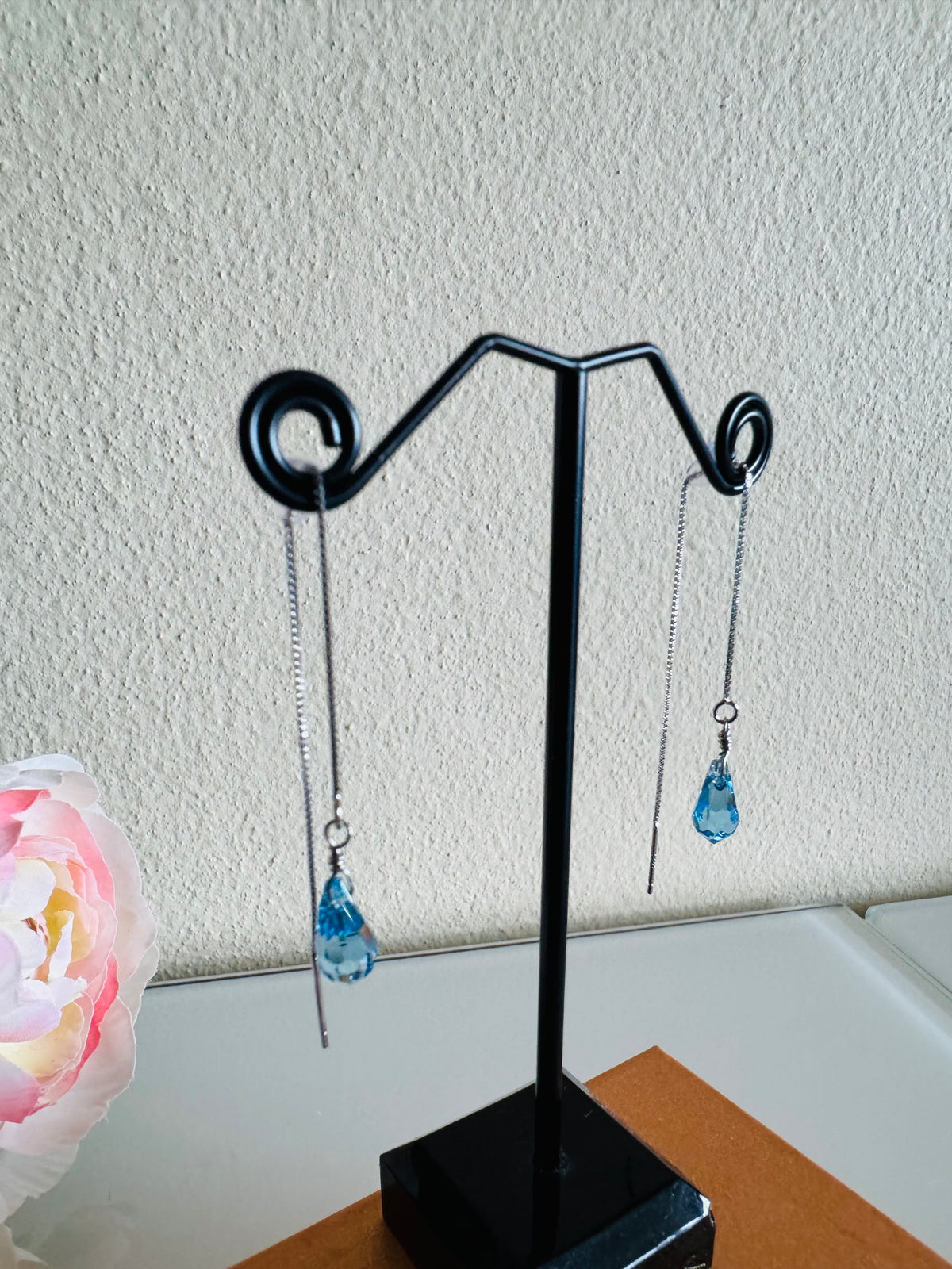 Swarovski Crystal Drop Earrings, Sterling Silver Aqua Blue Dangle Chain Earrings, Handmade Australian Jewellery, Rodium Plated Silver