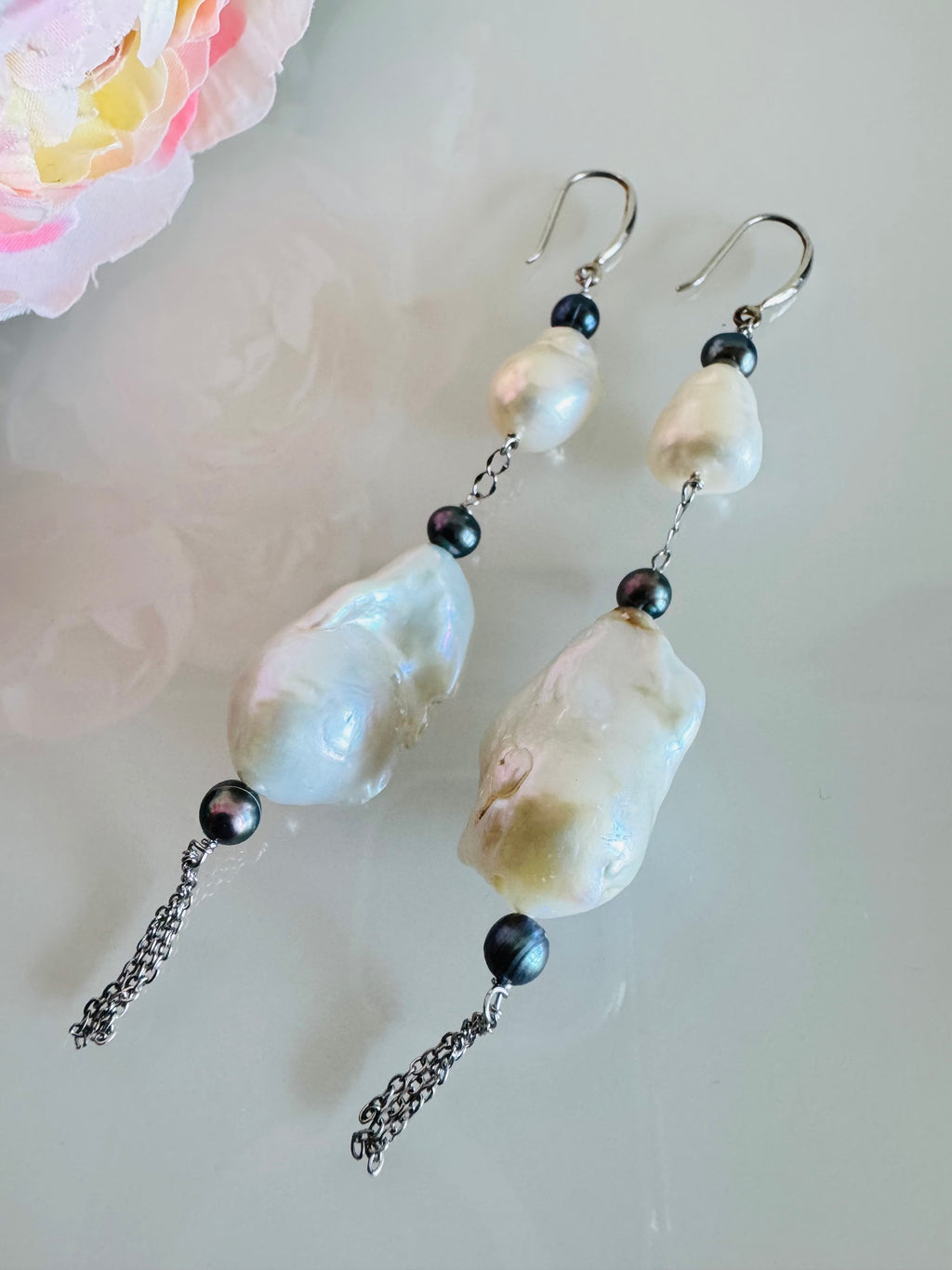 Large Freshwater Pearl Earrings with Sterling Silver Hooks and Surgical Stainless Settings and Chains