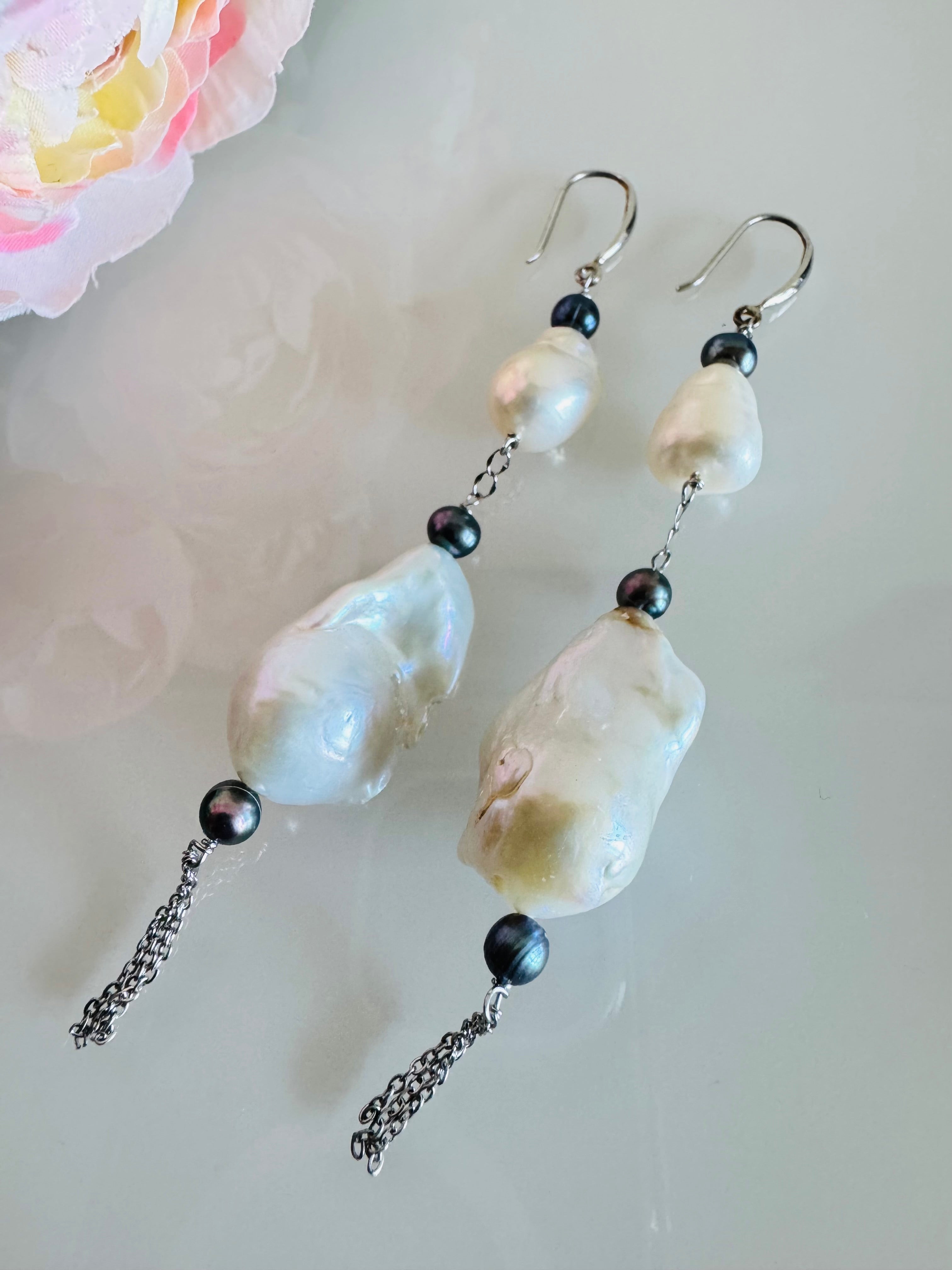 Large Freshwater Pearl Earrings with Sterling Silver Hooks and Surgical Stainless Settings and Chains