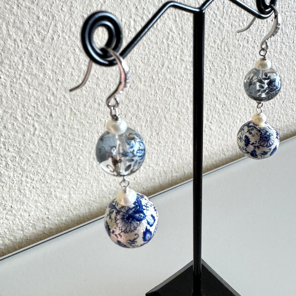 Sterling silver Japanese tensha beads and freshwater pearl earrings