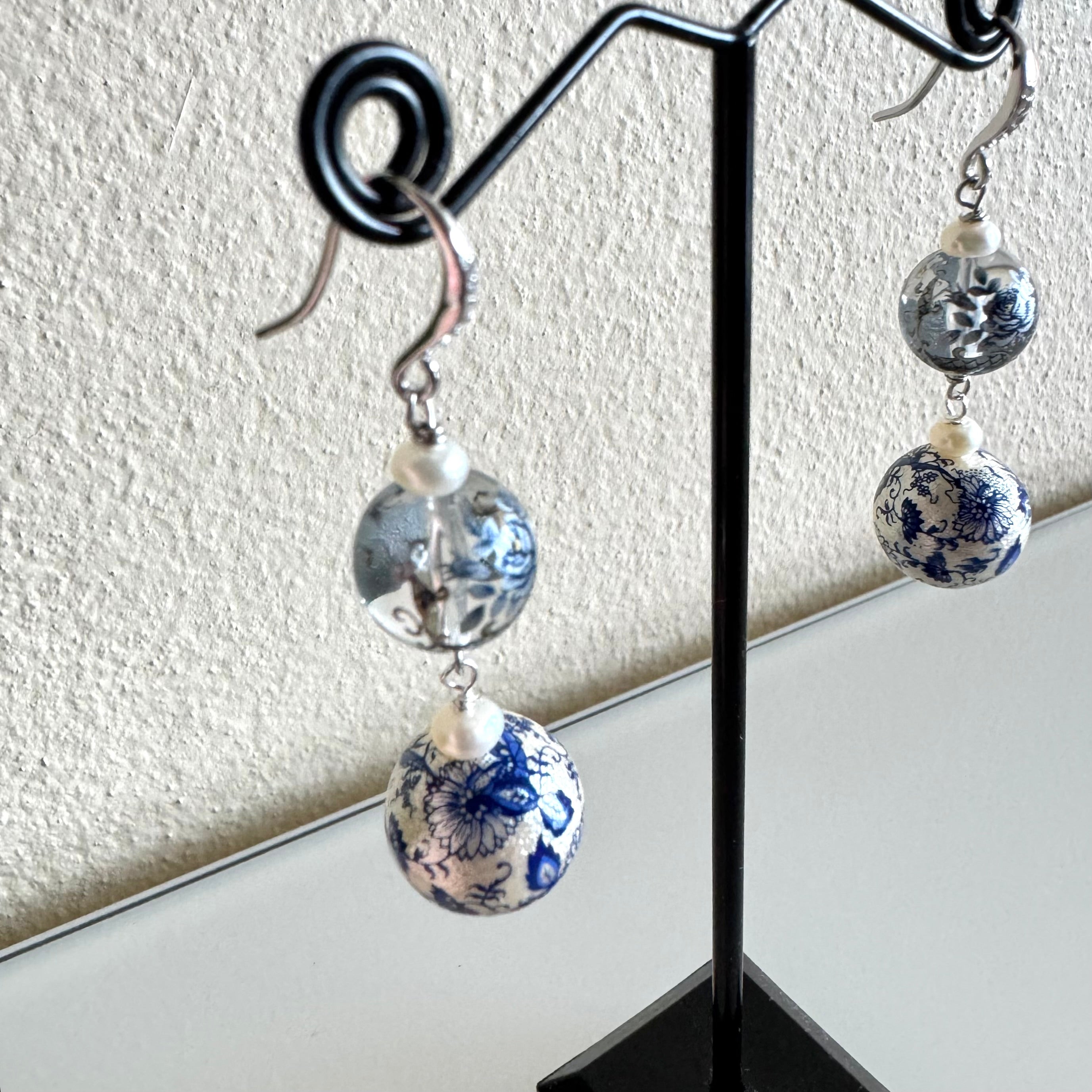 Sterling silver Japanese tensha beads and freshwater pearl earrings