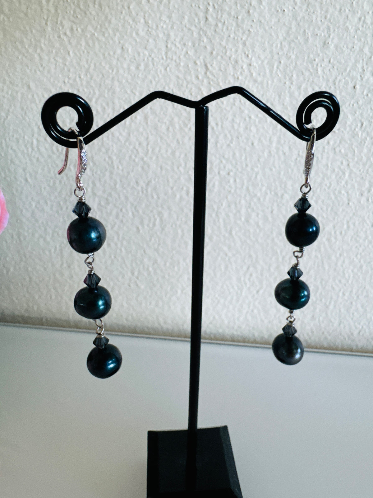 Black Freshwater Off Round Pearl Drop Trilogy Earrings With 925 Silver Hooks, Swarovski Crystals, Dangle Earrings, Anniversary Gift,