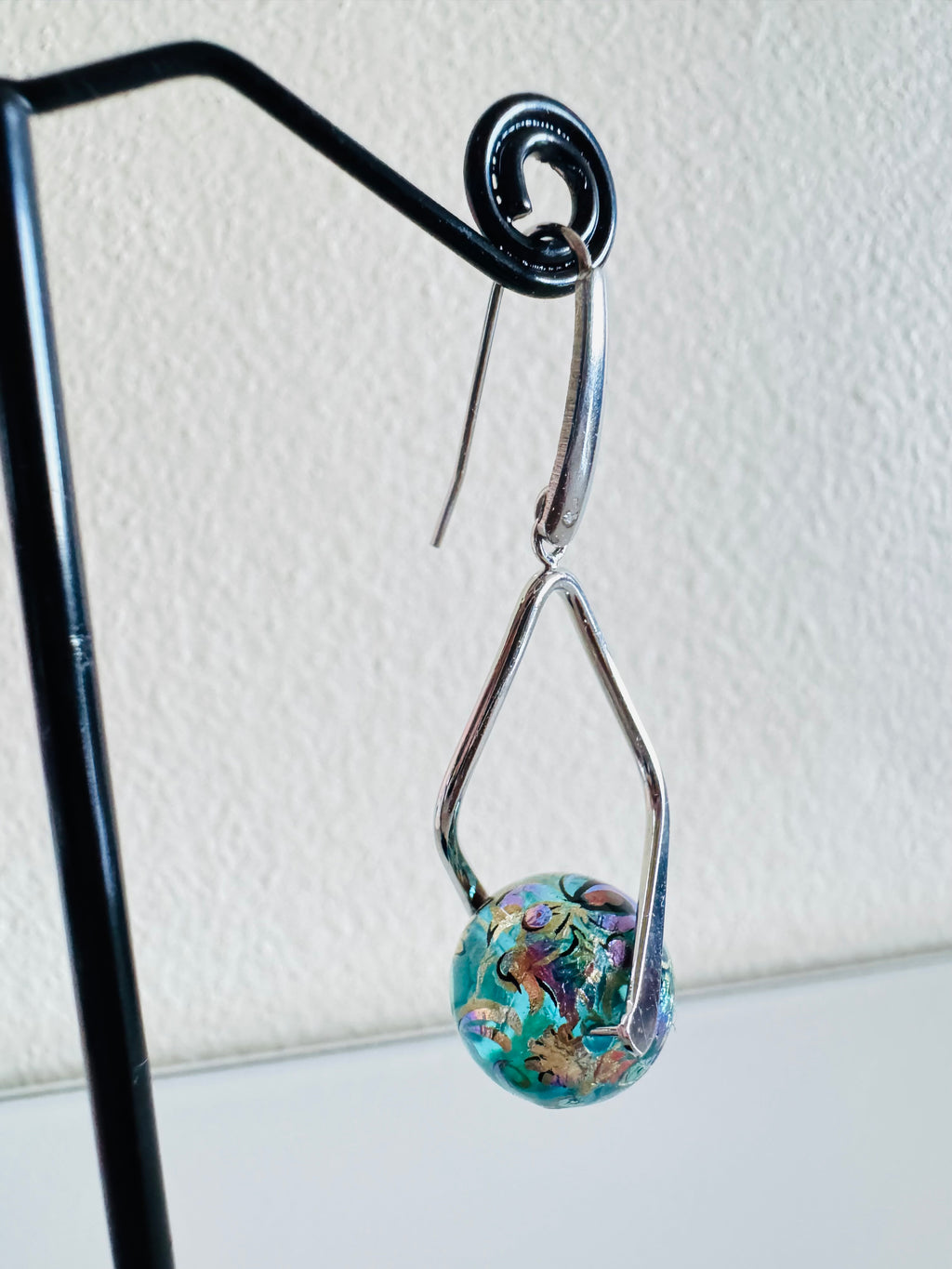 Japanese Tensha Beads Earrings - Aqua Floral Wave | Stainless Steel Hooks