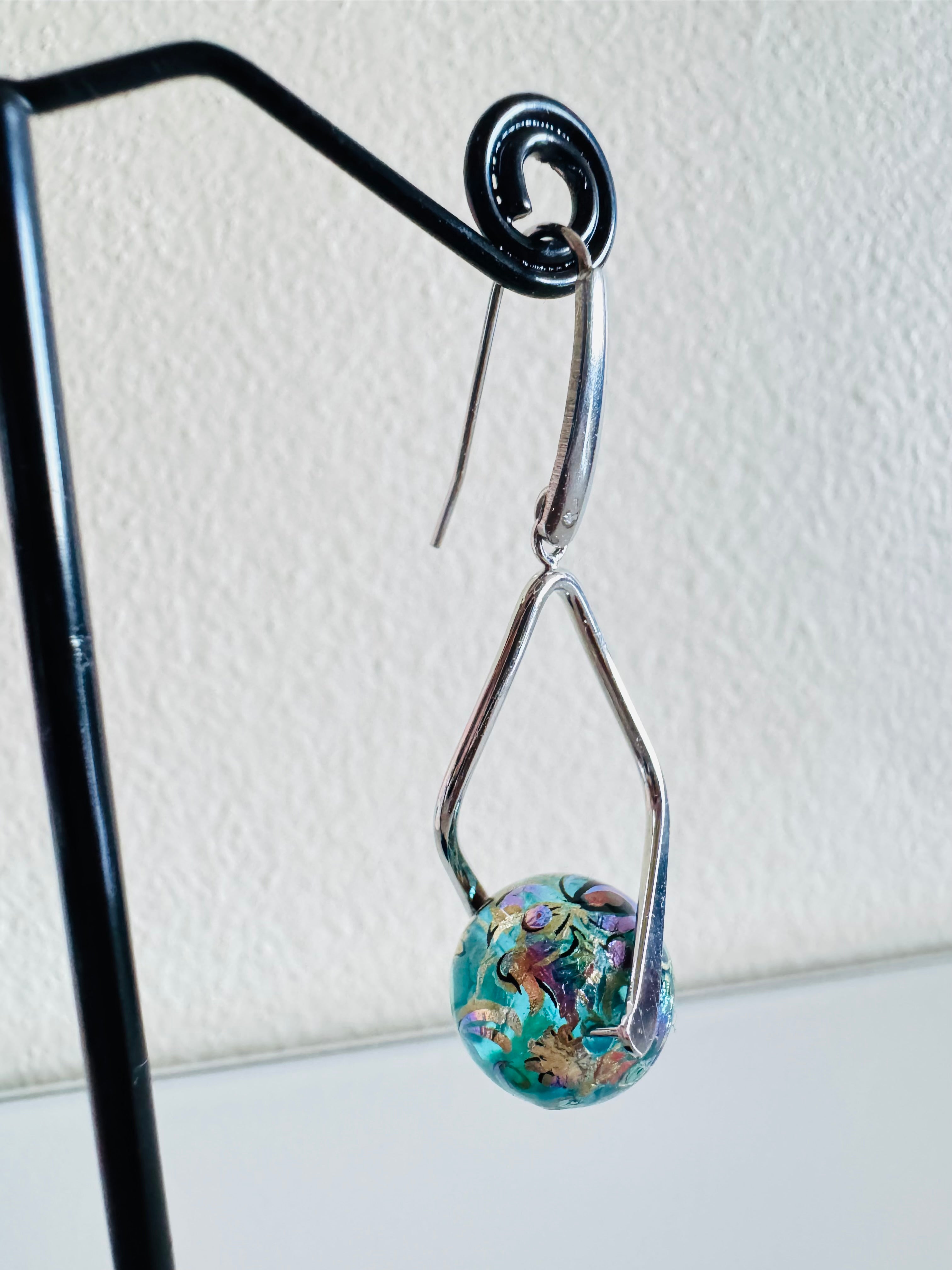 Japanese Tensha Beads Earrings - Aqua Floral Wave | Stainless Steel Hooks