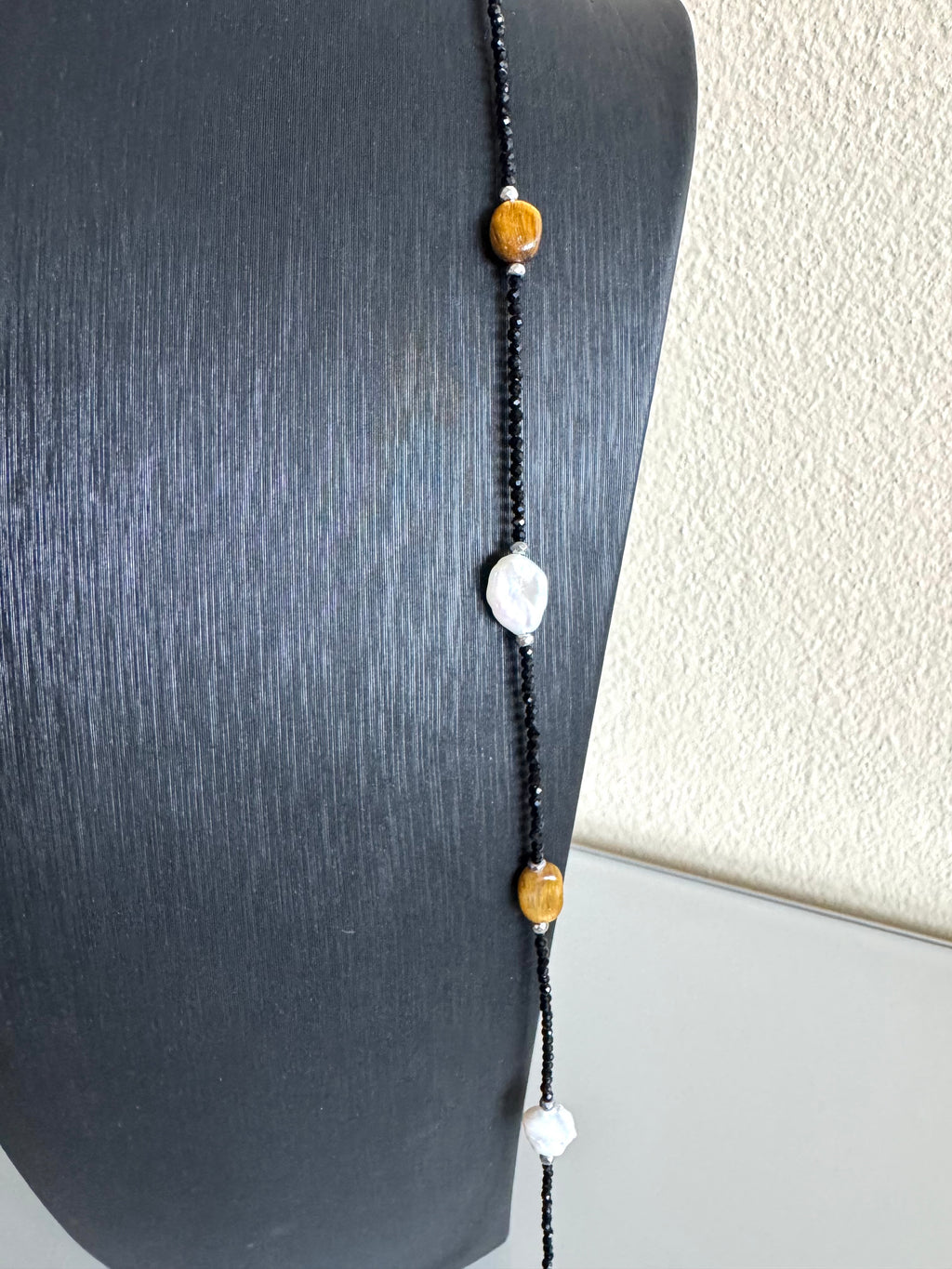 Black spinel, Tiger’s eye, freshwater pearl and hematite long necklace plus shorten clasps 
