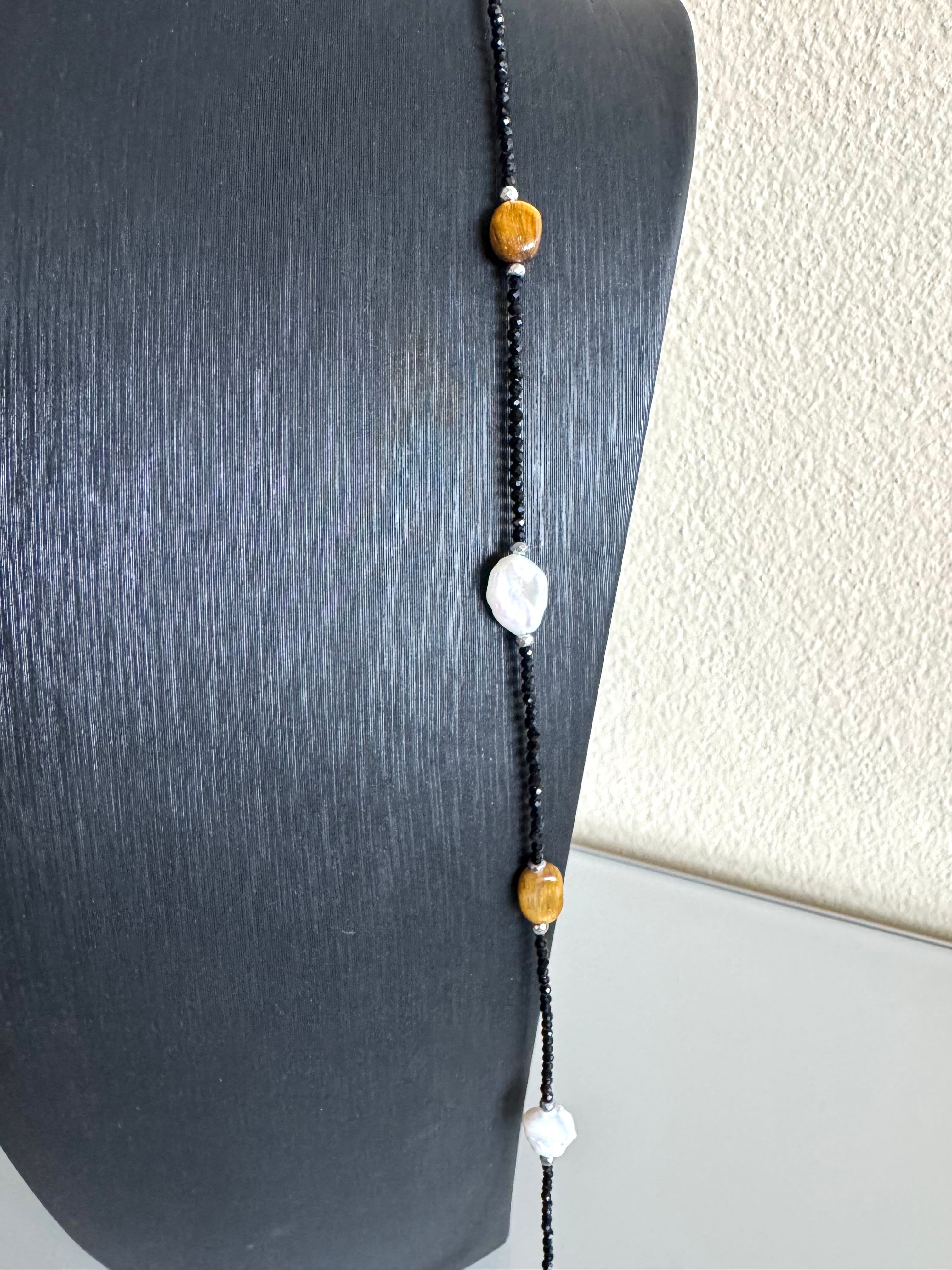 Black spinel, Tiger’s eye, freshwater pearl and hematite long necklace plus shorten clasps 