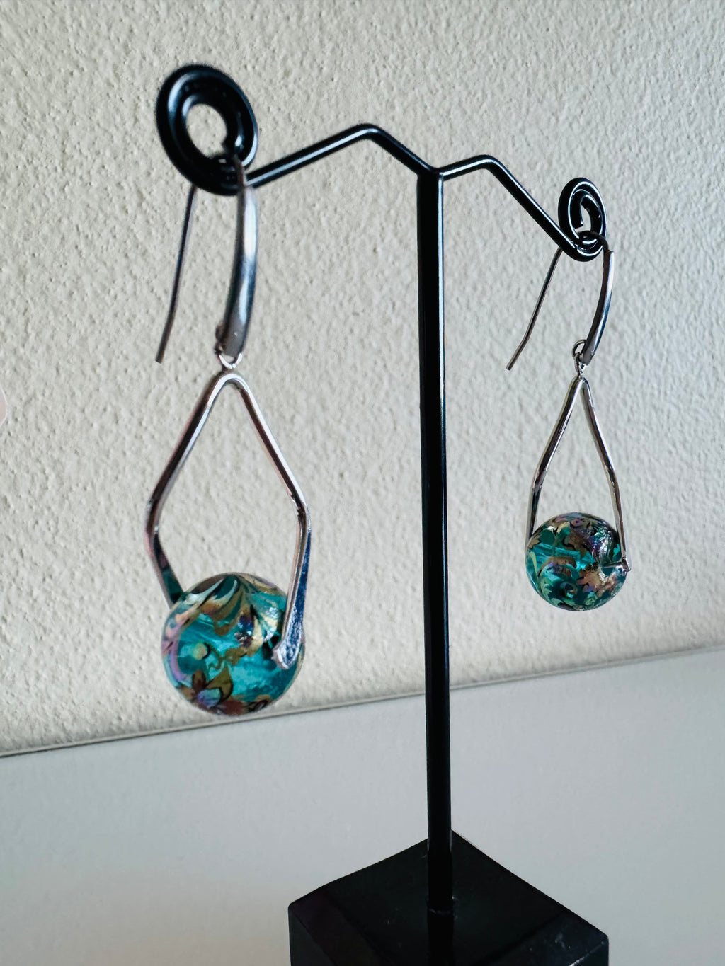 Japanese Tensha Beads Earrings - Aqua Floral Wave | Stainless Steel Hooks